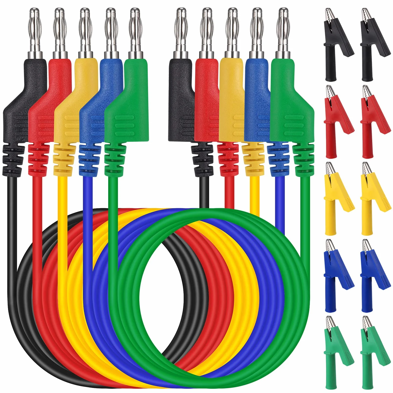 Hejo 15 Pezzi Set di Puntali multimetro, 5 Cavi Banana Coccodrillo Doppia da 4mm con 10 Clip a Coccodrillo, Puntali Tester Digitale Lunghezza di 1M per Multimetro