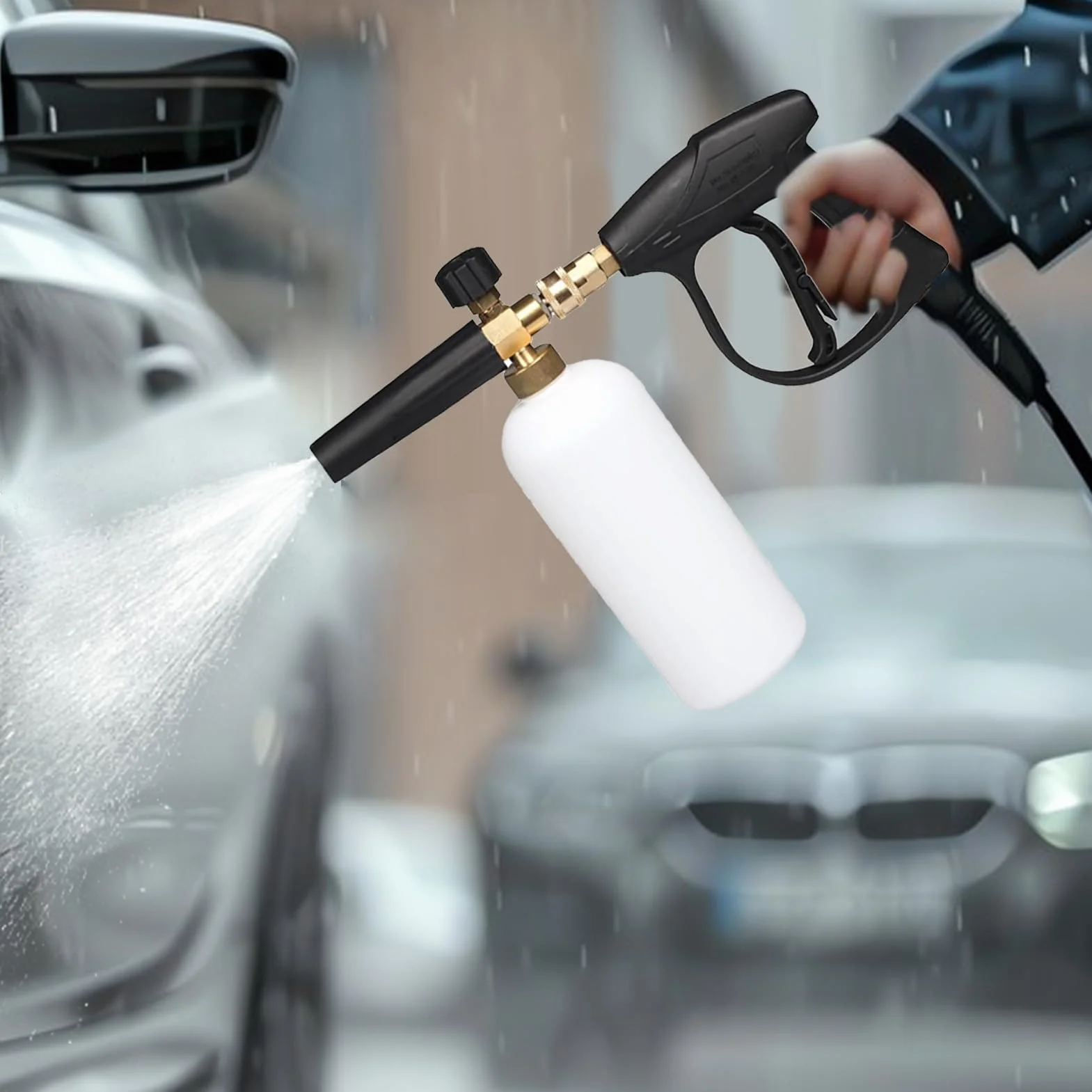 Lancia schiuma, cannone schiuma per idropulitrice ad alta pressione, lancia neve da 1 L con 5 ugelli per schiuma, dispenser di sapone, bottiglia foamer, pistola per schiuma per la pulizia dell'auto