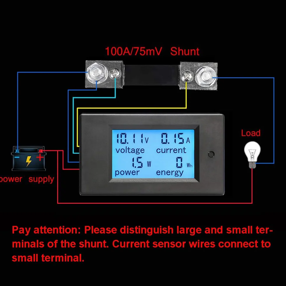 KETOTEK Amperometro Voltmetro Wattmetro da Pannello DC 6.5-100V con 100A Shunt, Digitale Contatore Misuratore di Tensione Corrente Elettrica Potenza Energia LCD per Auto Moto Sistema Solare