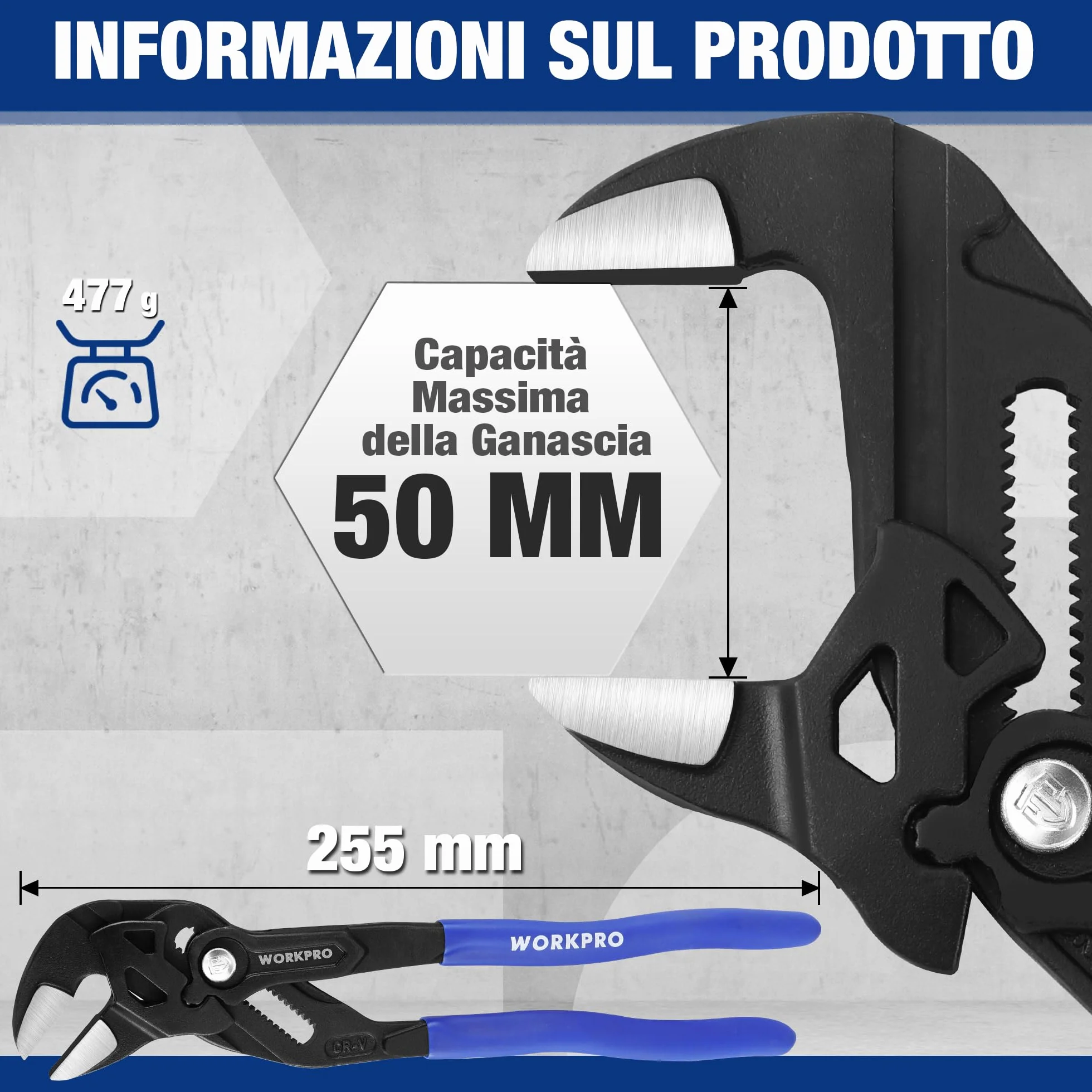 WORKPRO Pinza Chiave da 255 mm, Pinza Chiave Cr-V, Chiave Regolabile, Pinza con Ganascia Autoregolante, Apertura Massima della Ganascia 50 mm, Impugnatura Ergonomica