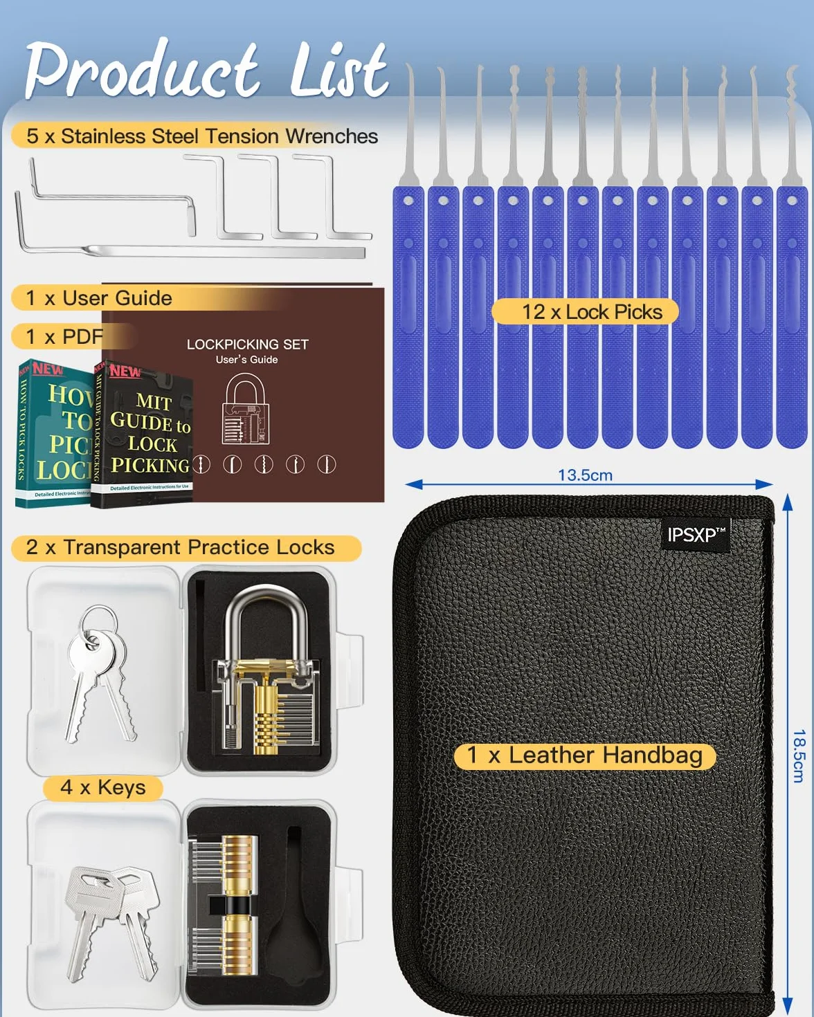 Set Fabbro, IPSXP Grimaldelli da 25 Pezzi Lock Picking con 2 Trasparente Serratura Lucchetto con Borsa di Pelle, Pratica Aprire le Serrature Set per Principianti