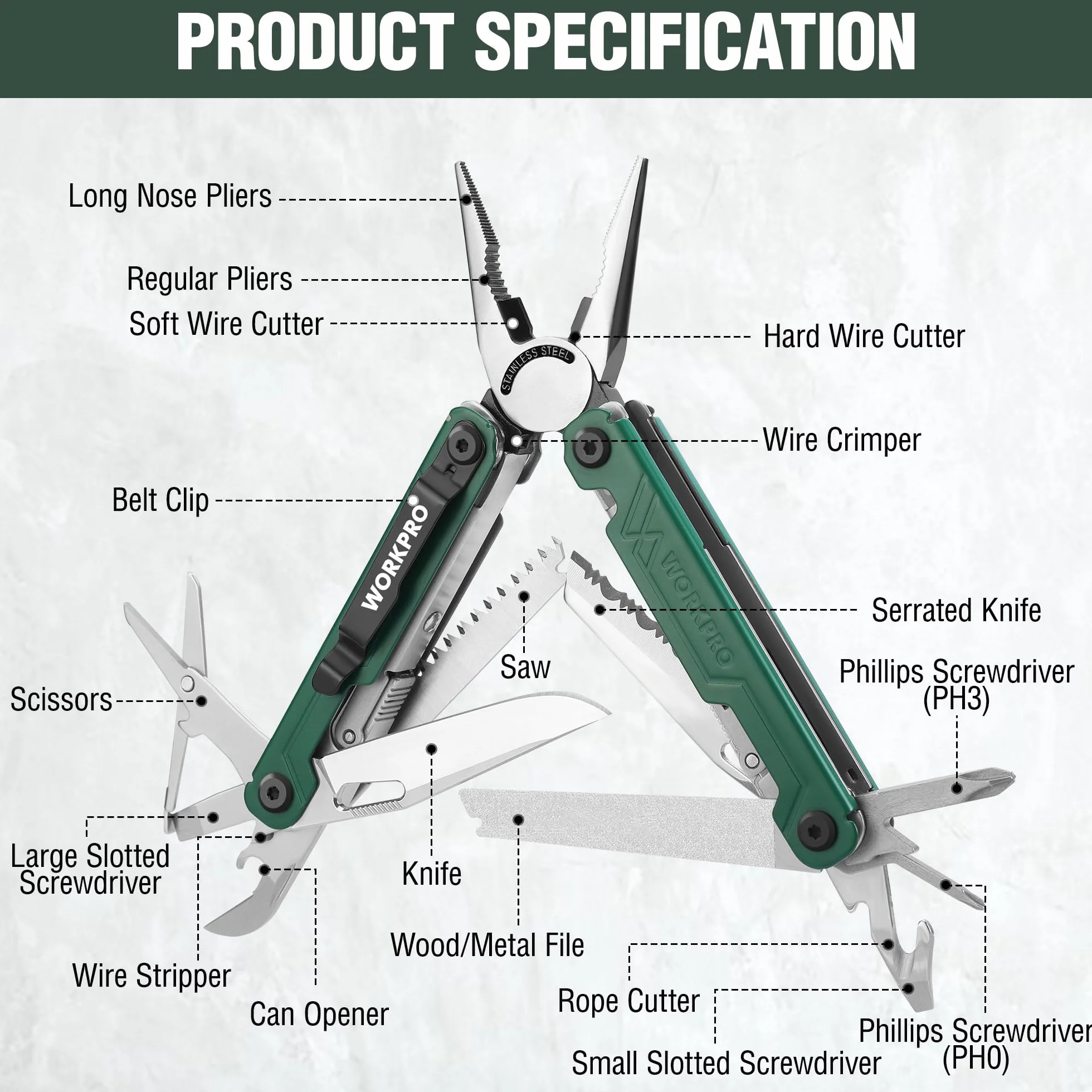 WORKPRO Pinza Multifunzione, Pinza Multiuso 18 in 1 con Borsa, Strumento Multifunzionale Pieghevole in Acciaio Inossidabile con Pinza Lima per Cacciavite per Campeggio, Verde