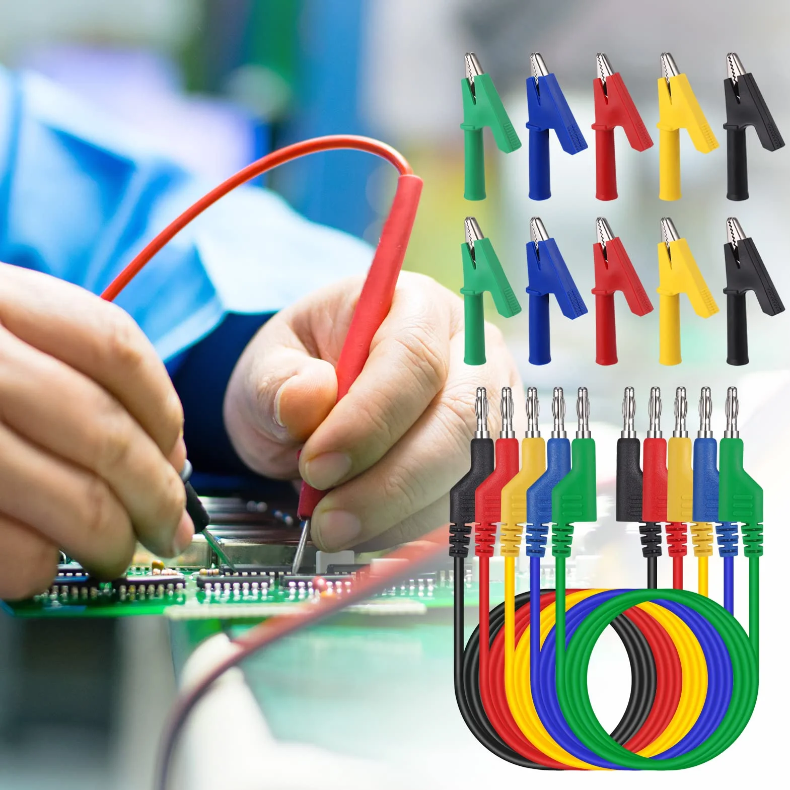 Hejo 15 Pezzi Set di Puntali multimetro, 5 Cavi Banana Coccodrillo Doppia da 4mm con 10 Clip a Coccodrillo, Puntali Tester Digitale Lunghezza di 1M per Multimetro