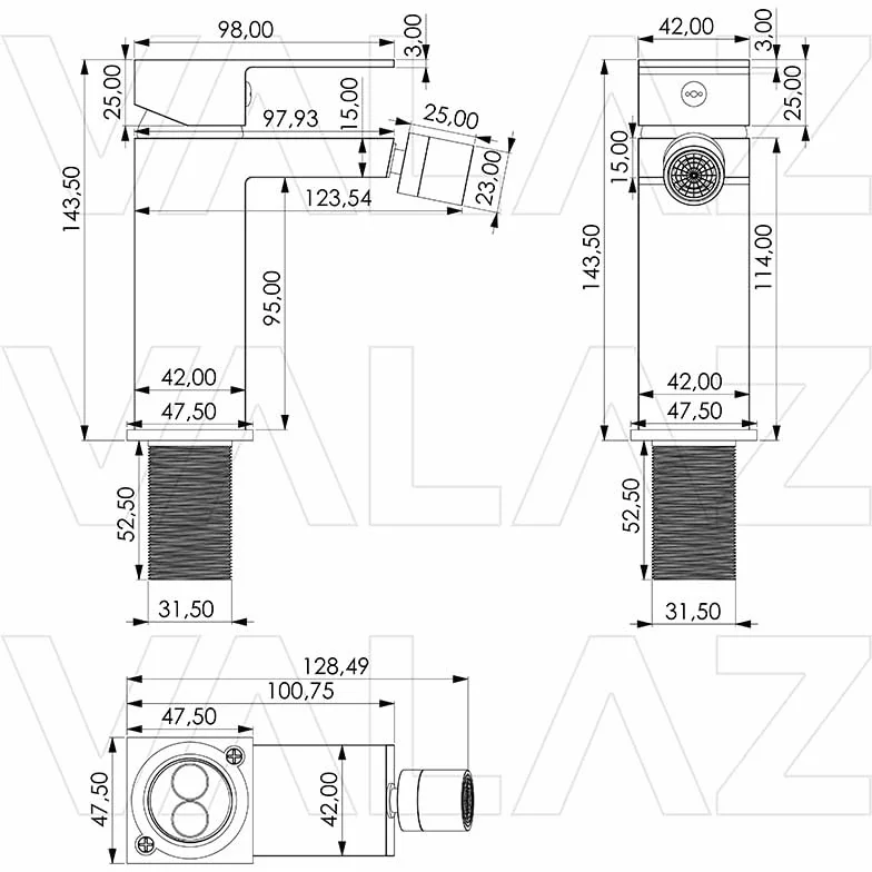 Rubinetto bidet monocomando quadrato dorato spazzolato serie Secura
