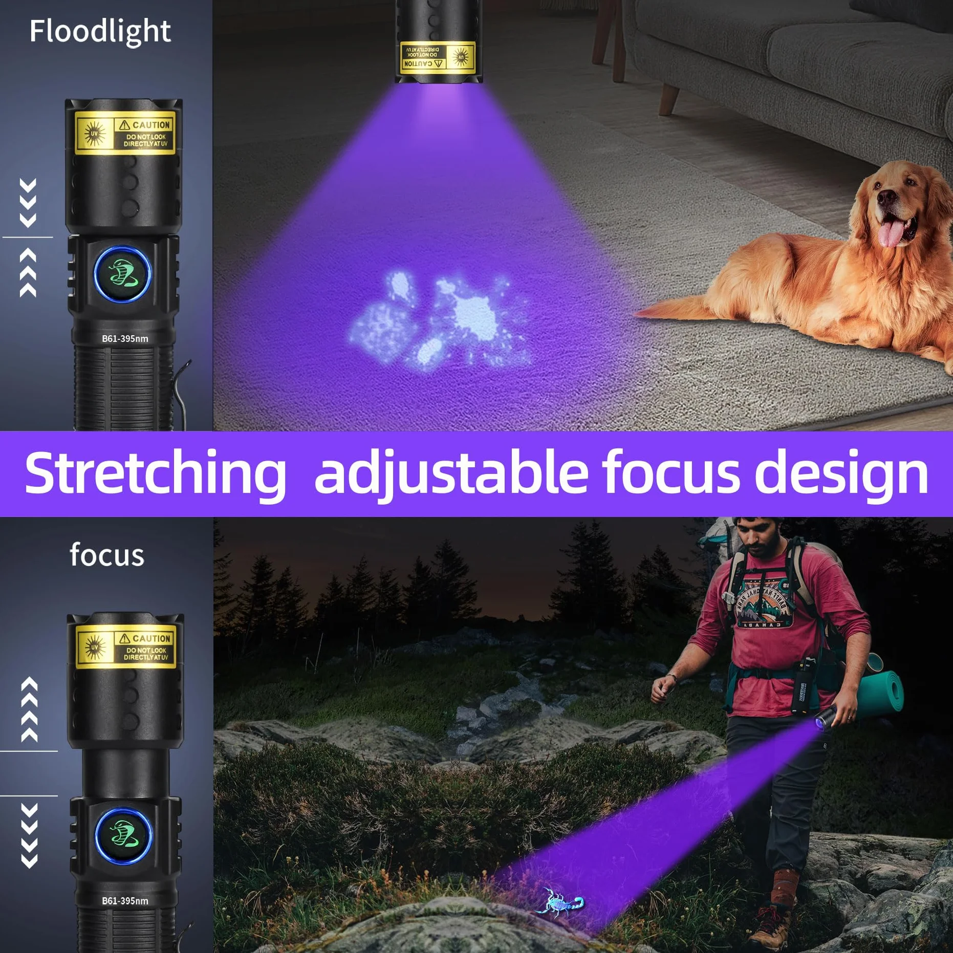 DARKBEAM Torcia UV a luce nera a LED 395 NM, torce ultraviolette, lampada di Wood USB-C ricaricabile, resistente all'acqua, focalizzabile, per rilevamento perdite e polimerizzazione in resina UV