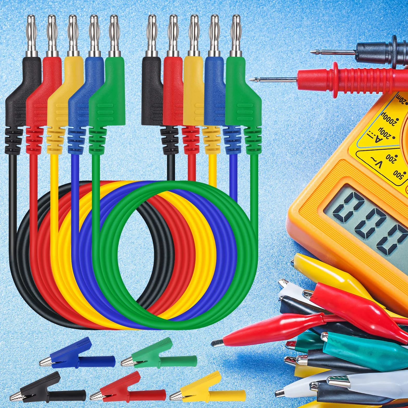 Hejo 15 Pezzi Set di Puntali multimetro, 5 Cavi Banana Coccodrillo Doppia da 4mm con 10 Clip a Coccodrillo, Puntali Tester Digitale Lunghezza di 1M per Multimetro