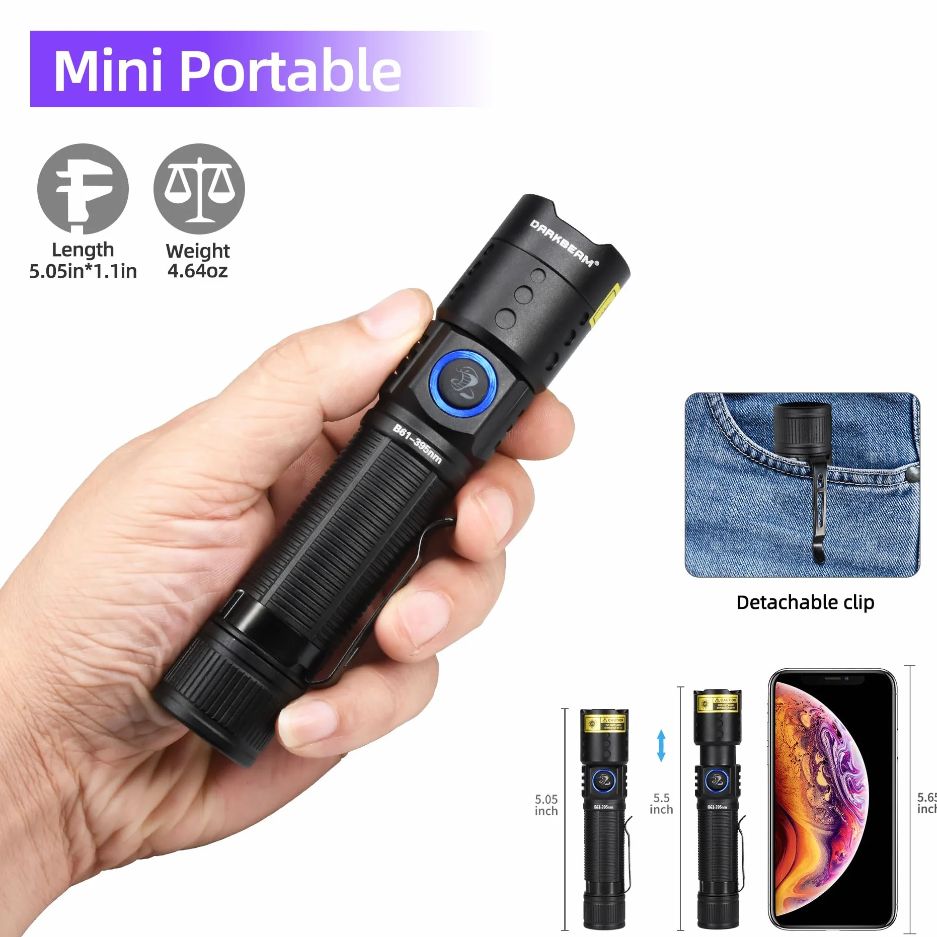 DARKBEAM Torcia UV a luce nera a LED 395 NM, torce ultraviolette, lampada di Wood USB-C ricaricabile, resistente all'acqua, focalizzabile, per rilevamento perdite e polimerizzazione in resina UV