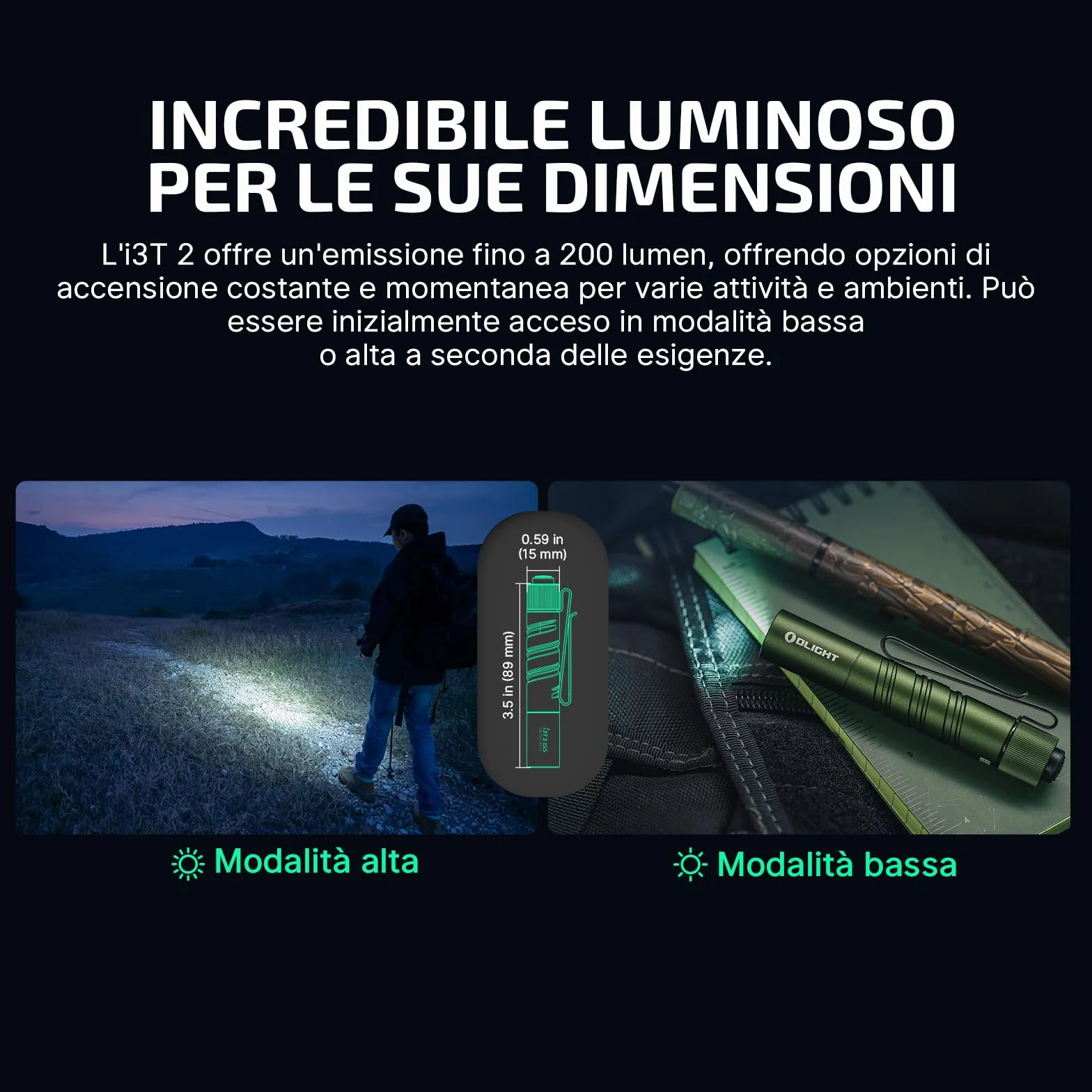 OLIGHT I3T 2 EOS Mini Torcia LED 200 Lumen 62m Range, Piccola Torcia Portachiavi con Interruttore di Shiusura, Luce Portatile Impermeabile IPX8, per il Campeggio all'aperto (Verde)