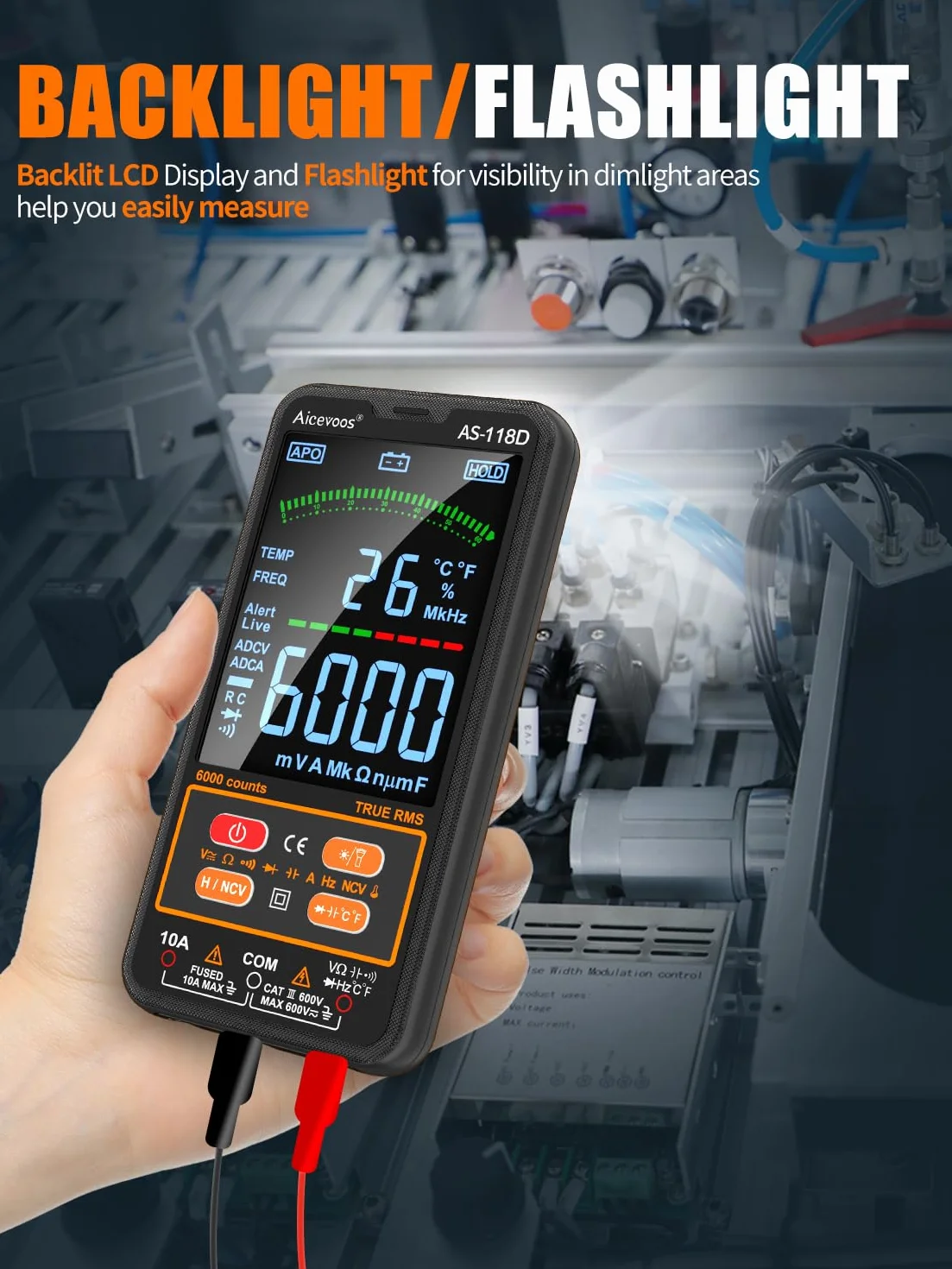 AS-118D Smart Multimetro Digitale Gamma Automatica TRMS Elettricista Tester Digitale Misura Tensione Corrente Capacità Resistenza Continuità Temperatura Frequenza