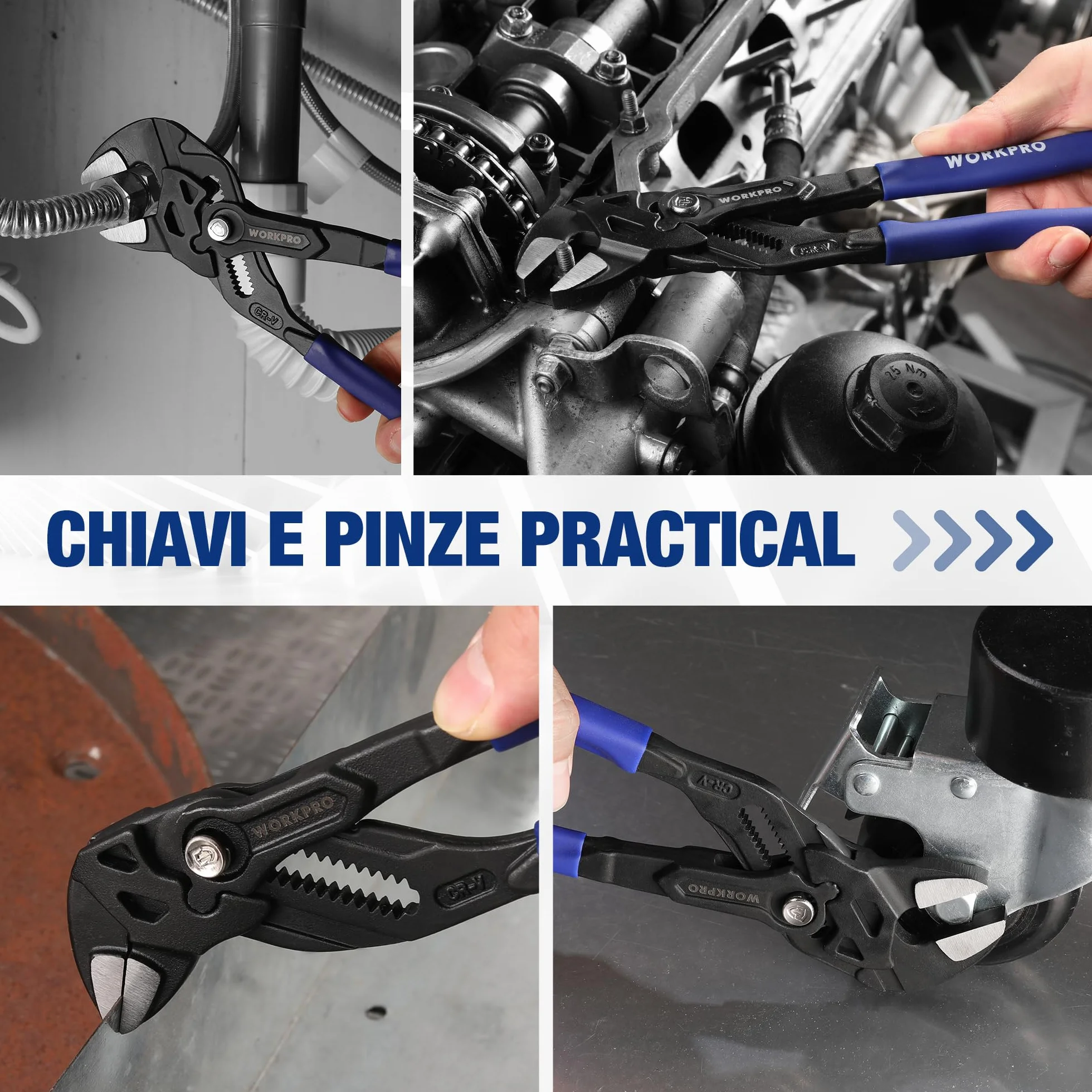WORKPRO Pinza Chiave da 255 mm, Pinza Chiave Cr-V, Chiave Regolabile, Pinza con Ganascia Autoregolante, Apertura Massima della Ganascia 50 mm, Impugnatura Ergonomica