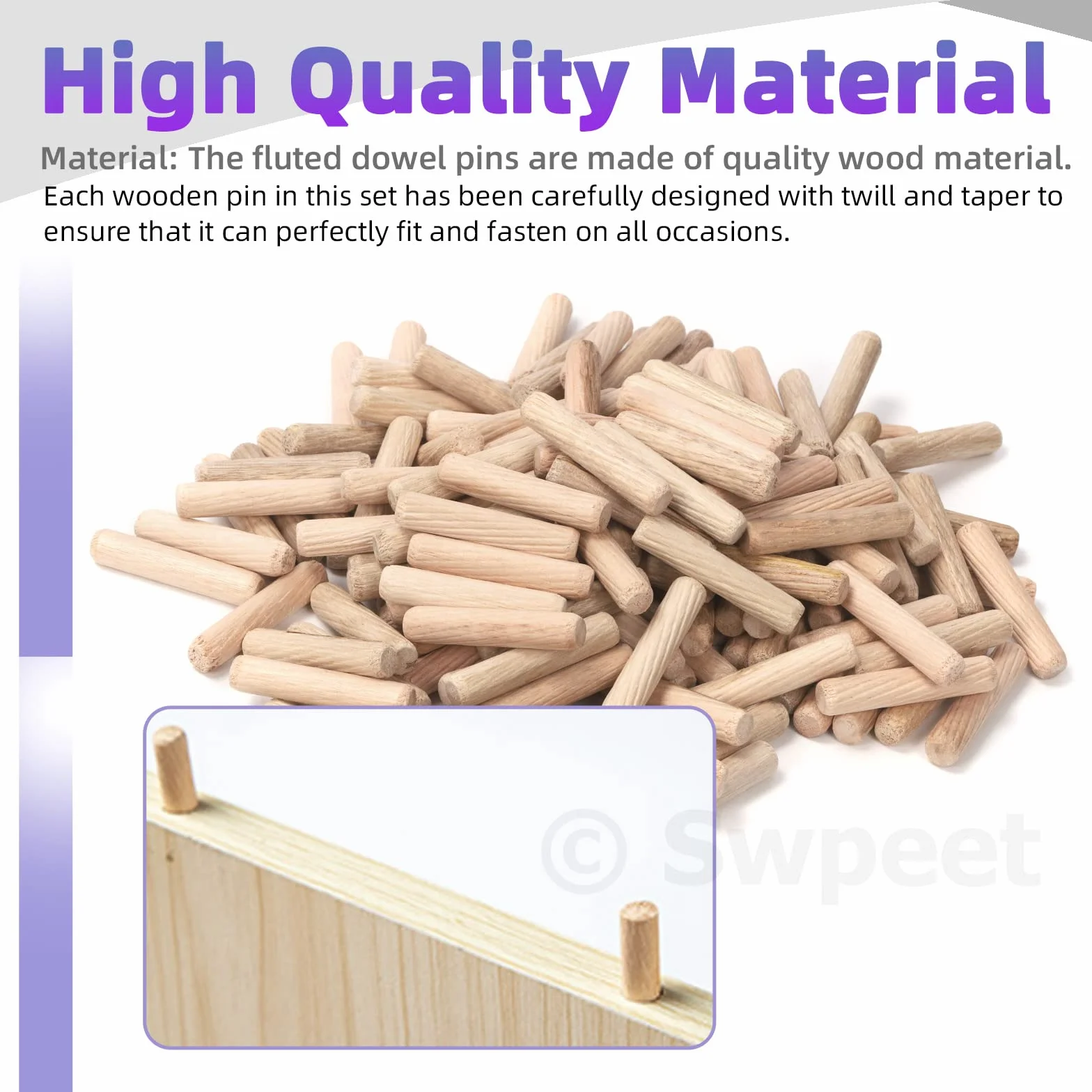 Swpeet 505 pezzi 4 misure 1/4" 5/16" 3/8" 1/2" perni di legno scanalati dritti con cilindro centrale tasselli in legno, kit assortimento, tasselli e tenoni centrali di trasferimento punto per mobili