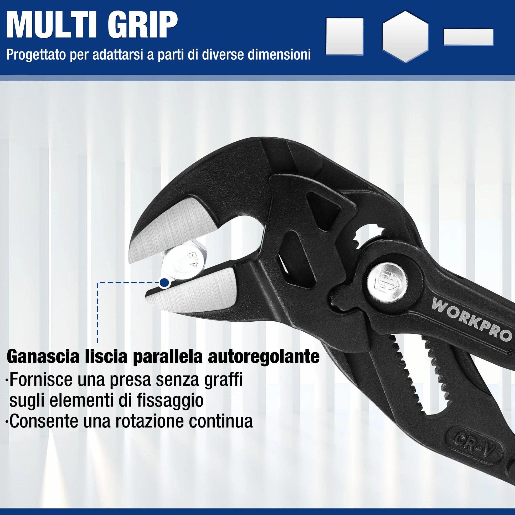 WORKPRO Pinza Chiave da 255 mm, Pinza Chiave Cr-V, Chiave Regolabile, Pinza con Ganascia Autoregolante, Apertura Massima della Ganascia 50 mm, Impugnatura Ergonomica