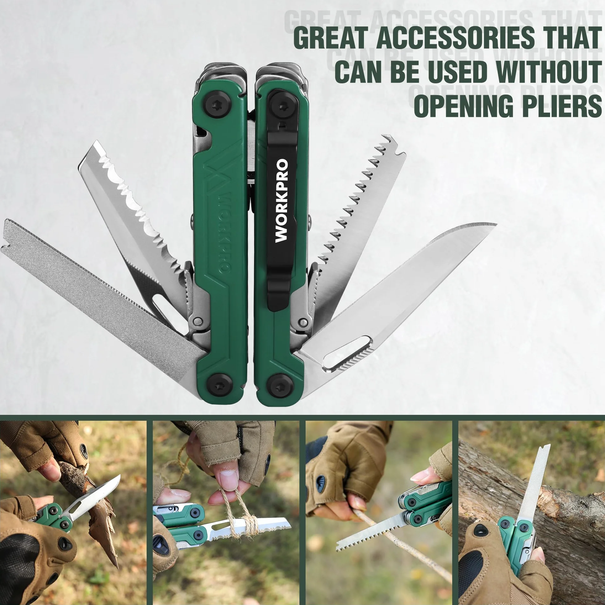 WORKPRO Pinza Multifunzione, Pinza Multiuso 18 in 1 con Borsa, Strumento Multifunzionale Pieghevole in Acciaio Inossidabile con Pinza Lima per Cacciavite per Campeggio, Verde