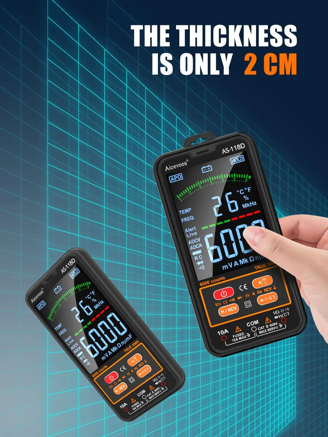 AS-118D Smart Multimetro Digitale Gamma Automatica TRMS Elettricista Tester Digitale Misura Tensione Corrente Capacità Resistenza Continuità Temperatura Frequenza
