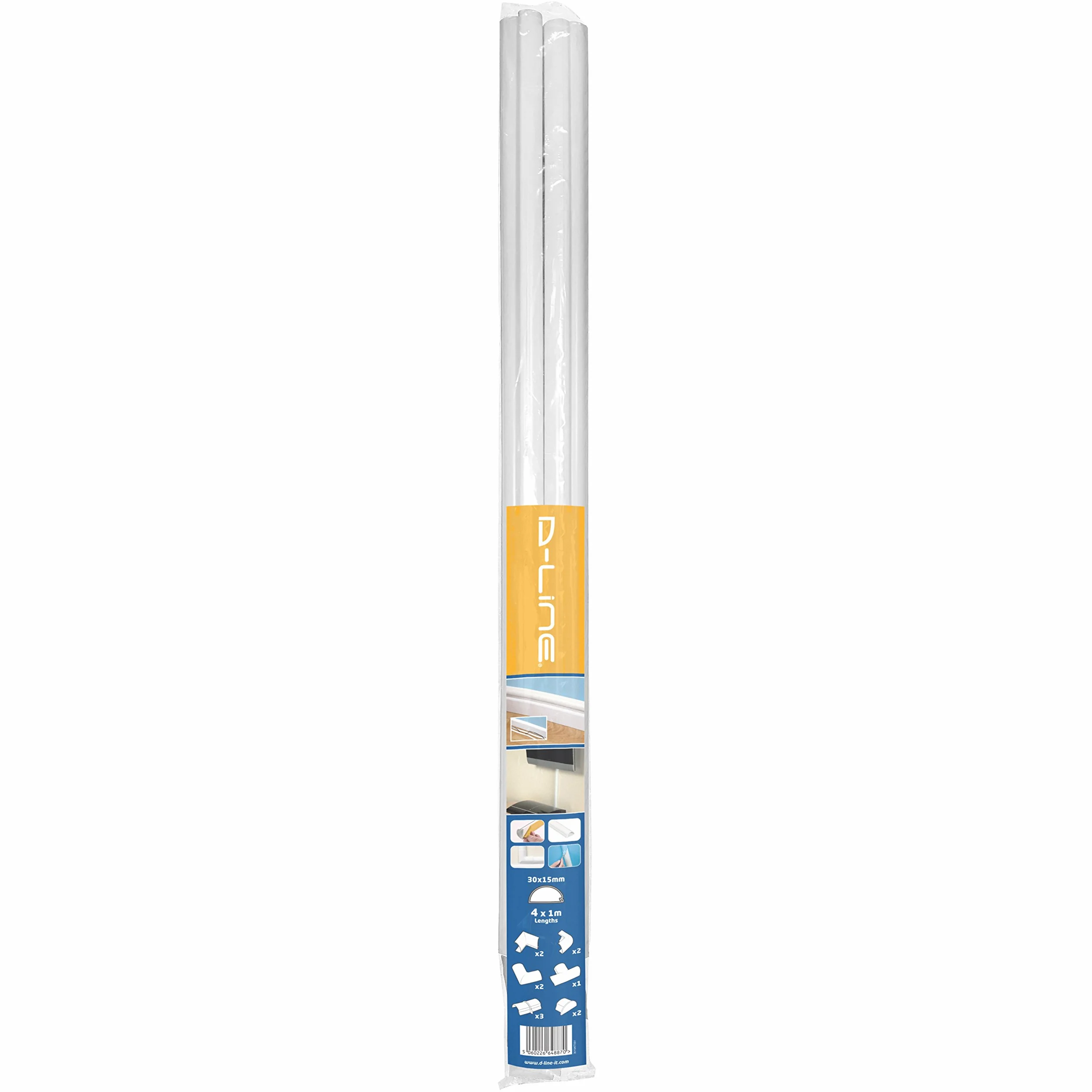 D-Line Canalina Passacavi 30x15mm Multipack 4m, Profilo Semicircolare, Copricavi Autoadesivo, Gestione Cavi Verniciabile - 4x 30mm (L) x 15mm (H) x 1 Metro Lunghezze con Accessori - Bianco