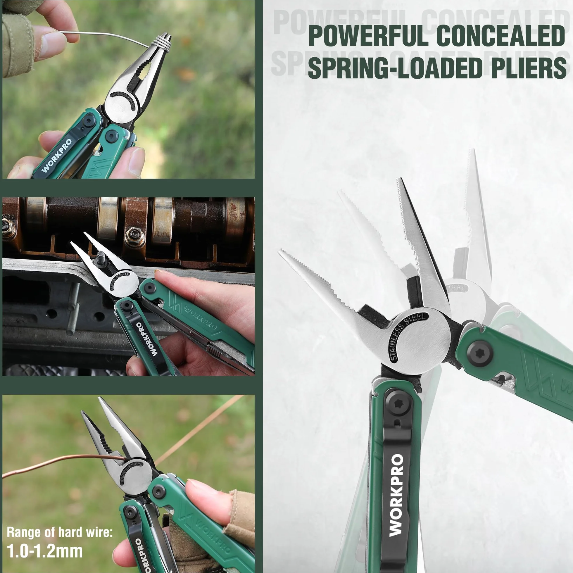 WORKPRO Pinza Multifunzione, Pinza Multiuso 18 in 1 con Borsa, Strumento Multifunzionale Pieghevole in Acciaio Inossidabile con Pinza Lima per Cacciavite per Campeggio, Verde
