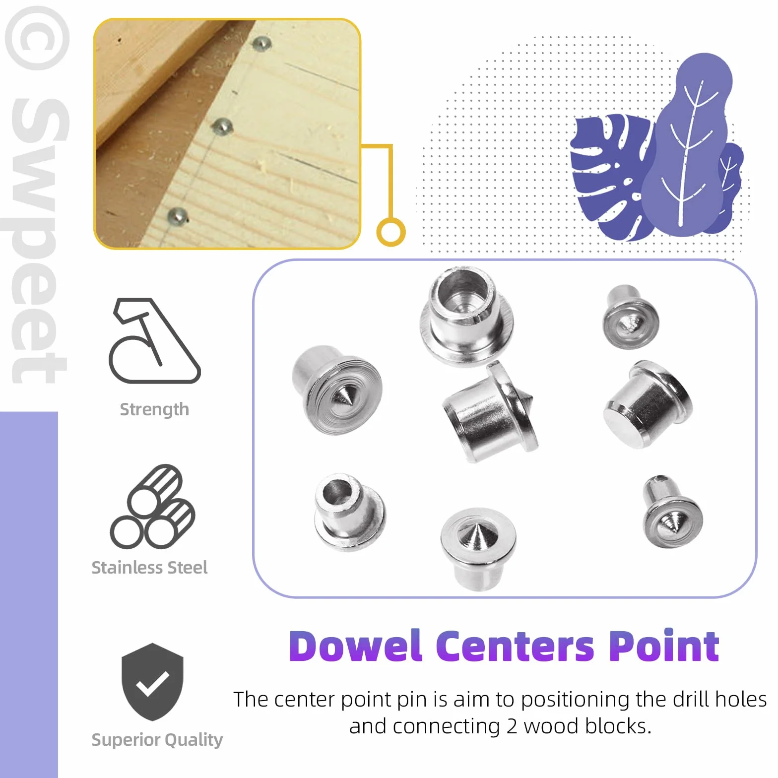 Swpeet 505 pezzi 4 misure 1/4" 5/16" 3/8" 1/2" perni di legno scanalati dritti con cilindro centrale tasselli in legno, kit assortimento, tasselli e tenoni centrali di trasferimento punto per mobili