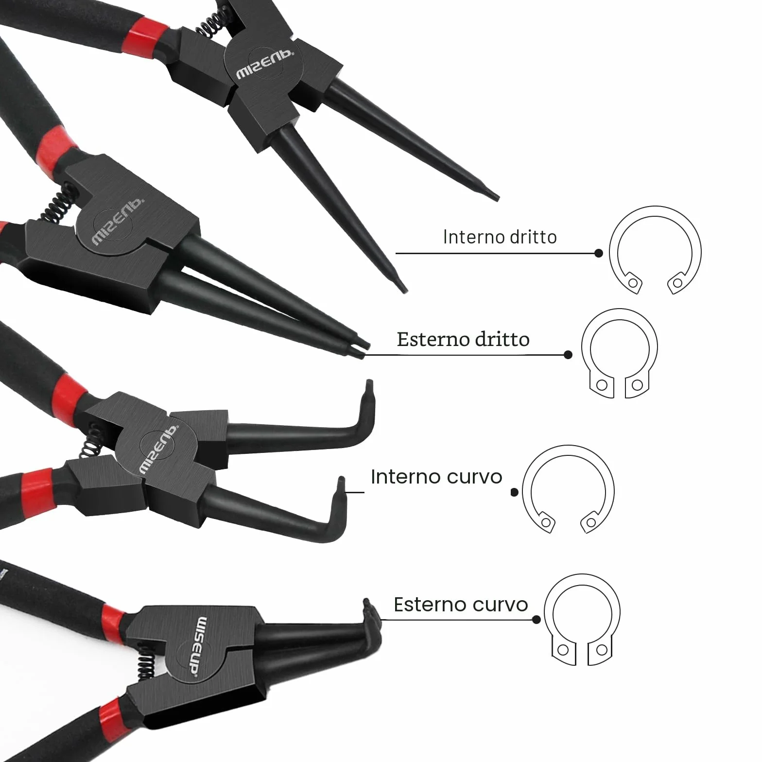 WISEUP 4 Pezzi Pinze Per Anelli Di Sicurezza, pinza interne ed esterne diritte da 170 mm, acciaio al carbonio industriale, resistente alla flessione e a risparmio di manodopera, con Borsa Portatile