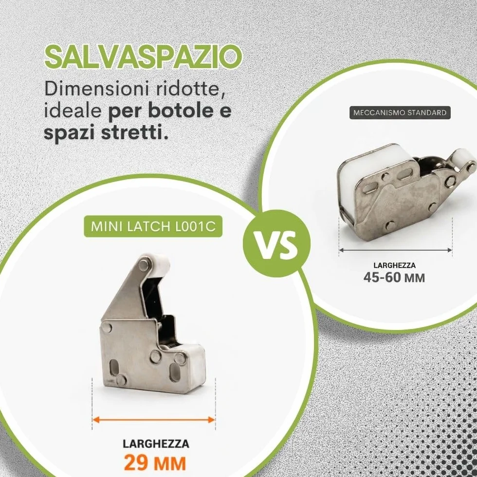 Meccanismo Push Pull Mini L001C per Botole di Ispezione, Chiavistello a Molla 29mm, Plastica e Acciaio, Apertura Rapida Sportelli e Pannelli, Chiusura Sicura - 4 Pezzi