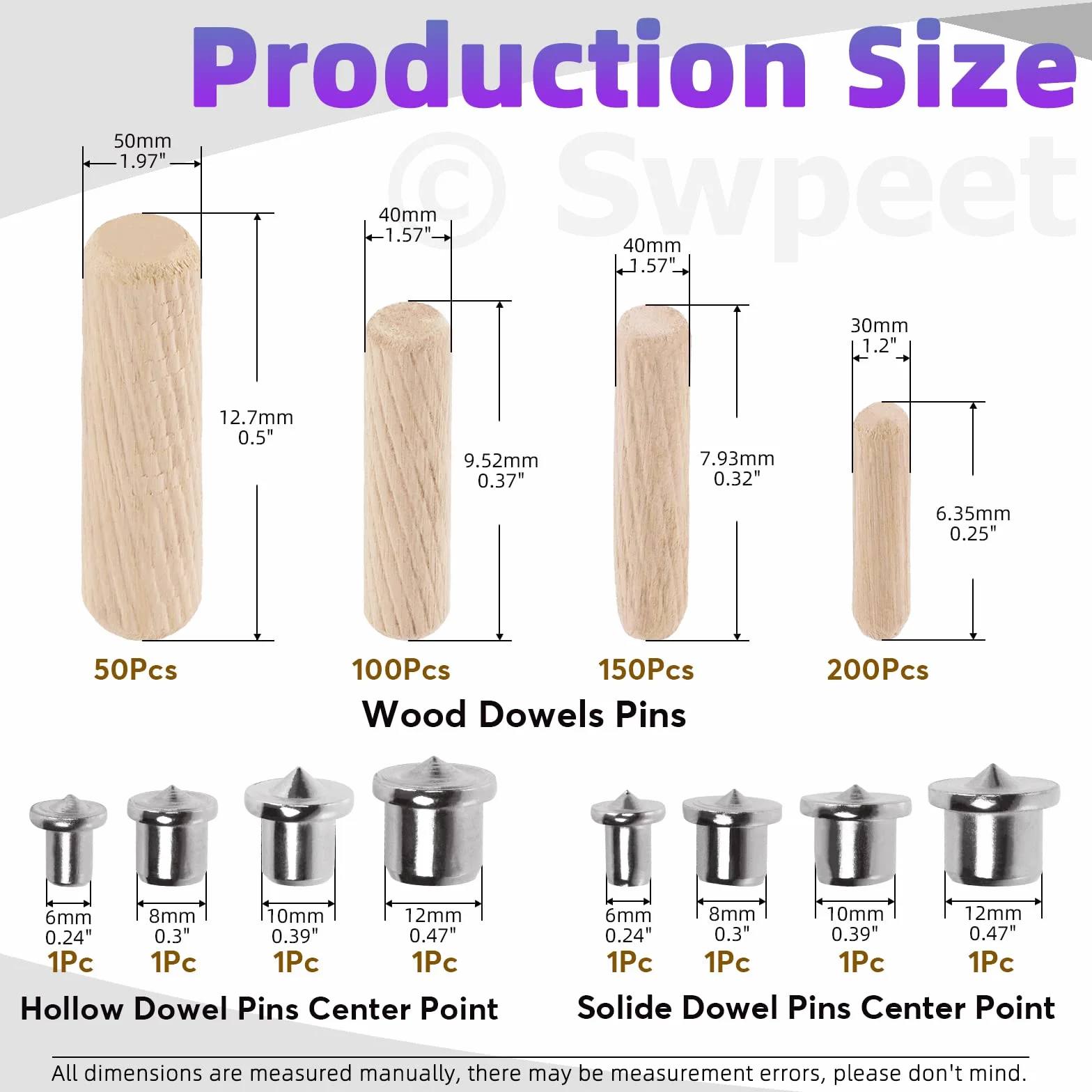 Swpeet 505 pezzi 4 misure 1/4" 5/16" 3/8" 1/2" perni di legno scanalati dritti con cilindro centrale tasselli in legno, kit assortimento, tasselli e tenoni centrali di trasferimento punto per mobili