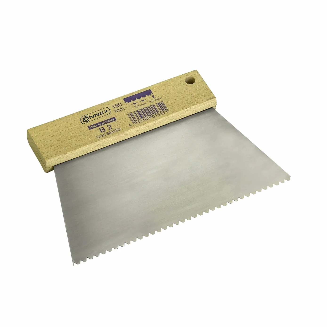 Spatola Dentata Professionale, Spatola Dentata larga 180mm. con Manico legno per colla e adesivi, Spatola Dentata Resistente in acciaio per Piastrelle, Parquet, Pavimenti, Fai-da-te (1,8 x 65)
