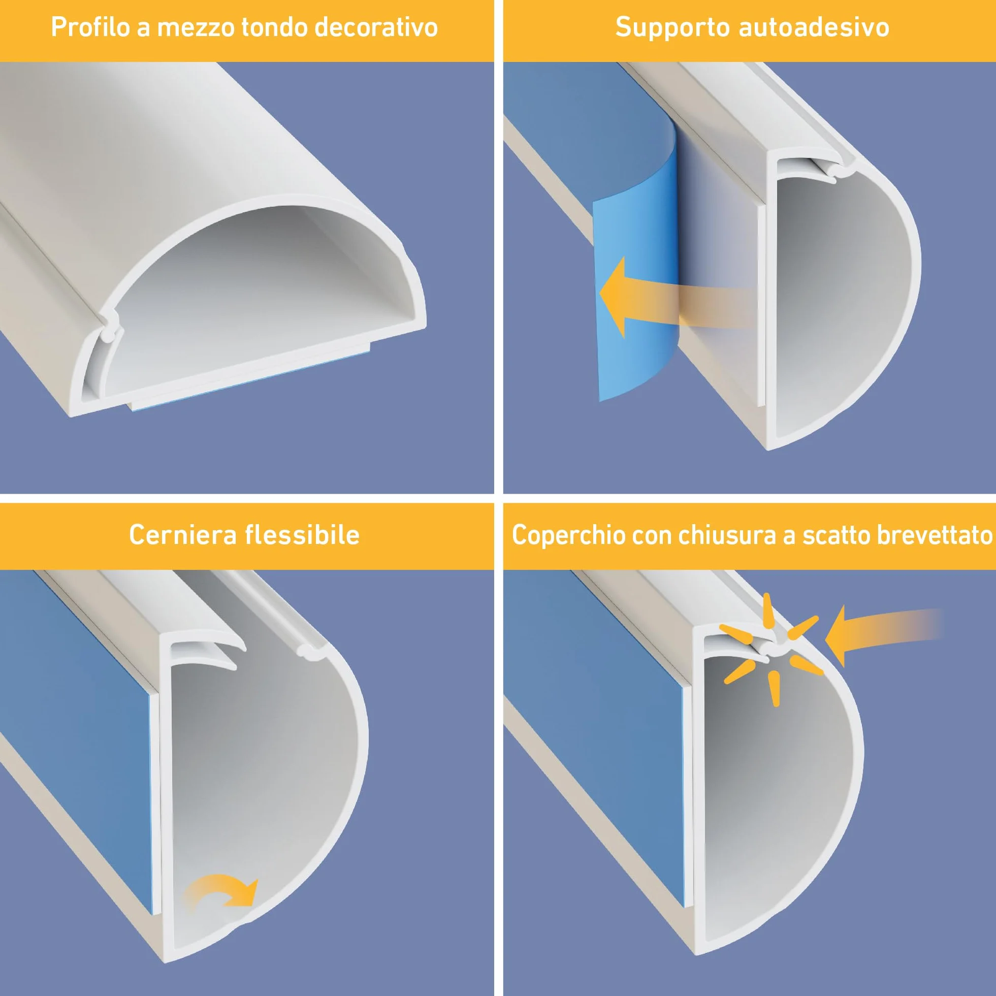 D-Line Canalina Passacavi 30x15mm Multipack 4m, Profilo Semicircolare, Copricavi Autoadesivo, Gestione Cavi Verniciabile - 4x 30mm (L) x 15mm (H) x 1 Metro Lunghezze con Accessori - Bianco