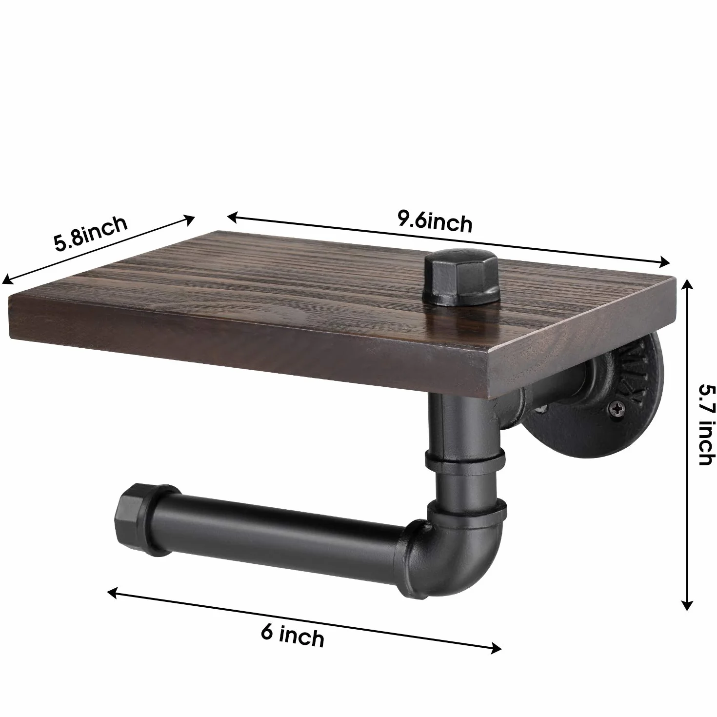 Elibbren, porta carta igienica per bagno, porta carta igienica industriale con ripiano in legno rustico e ferramenta in ghisa