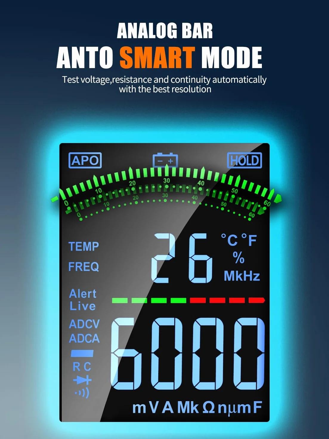 AS-118D Smart Multimetro Digitale Gamma Automatica TRMS Elettricista Tester Digitale Misura Tensione Corrente Capacità Resistenza Continuità Temperatura Frequenza