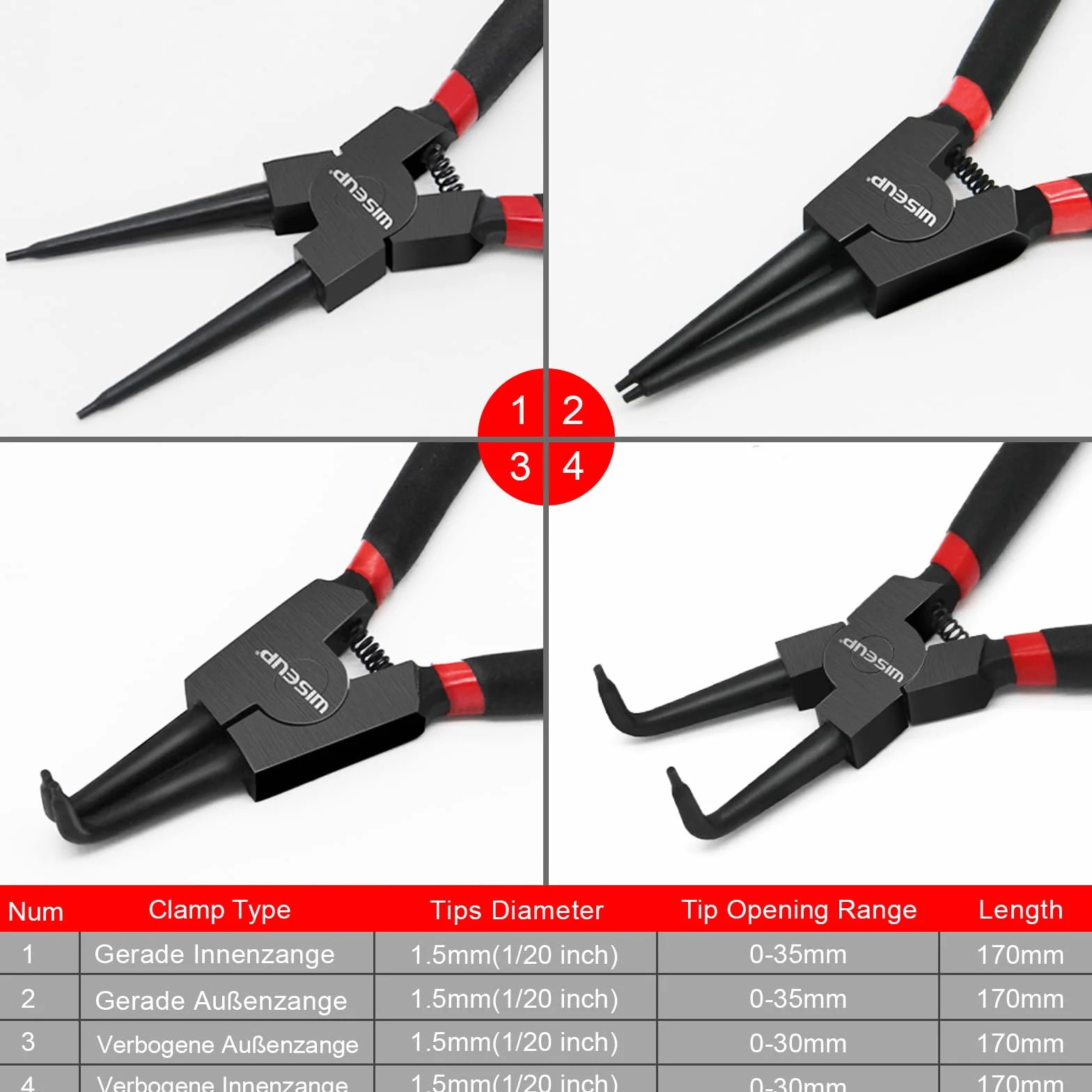 WISEUP 4 Pezzi Pinze Per Anelli Di Sicurezza, pinza interne ed esterne diritte da 170 mm, acciaio al carbonio industriale, resistente alla flessione e a risparmio di manodopera, con Borsa Portatile
