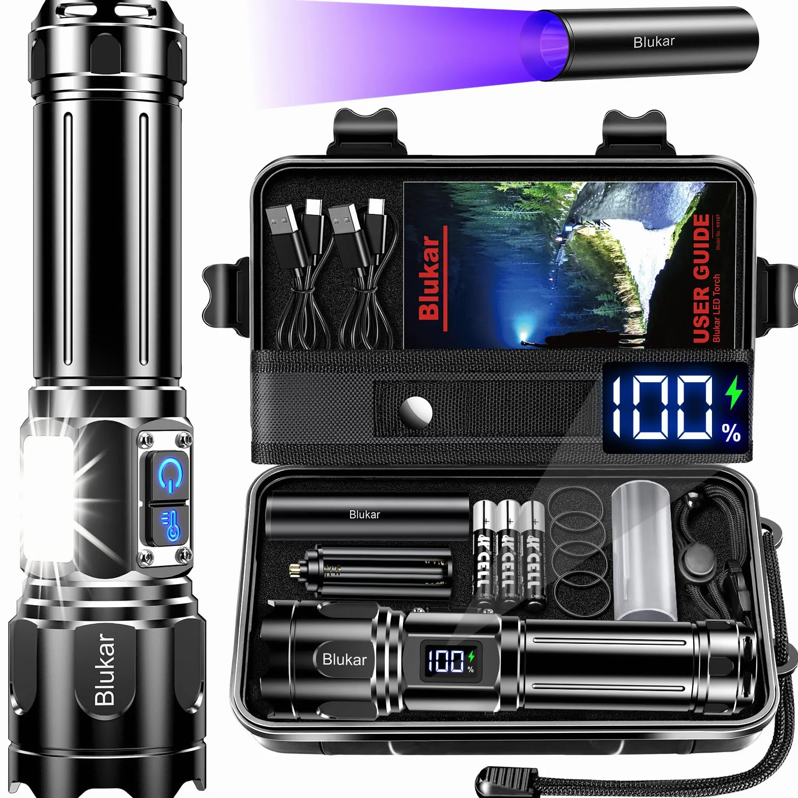 Blukar Torcia LED Potente Professionale, Ricaricabile Super Luminoso Zoomabile Torcia Alta Potenza con Luce Laterale COB, 2 Temperature di Colore & 7 Modalità Impermeabile per Campeggio/Emergenza