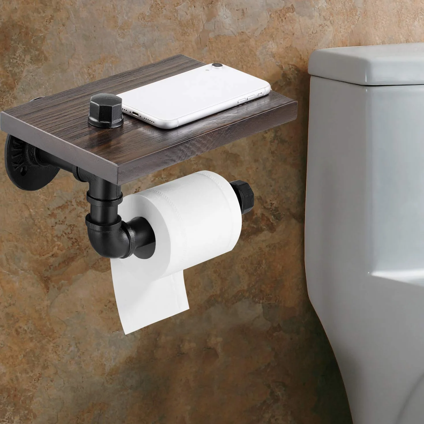 Elibbren, porta carta igienica per bagno, porta carta igienica industriale con ripiano in legno rustico e ferramenta in ghisa