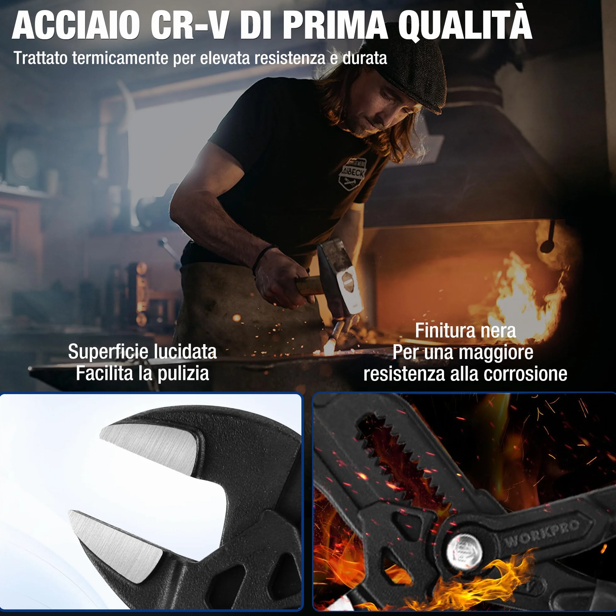 WORKPRO Pinza Chiave da 255 mm, Pinza Chiave Cr-V, Chiave Regolabile, Pinza con Ganascia Autoregolante, Apertura Massima della Ganascia 50 mm, Impugnatura Ergonomica