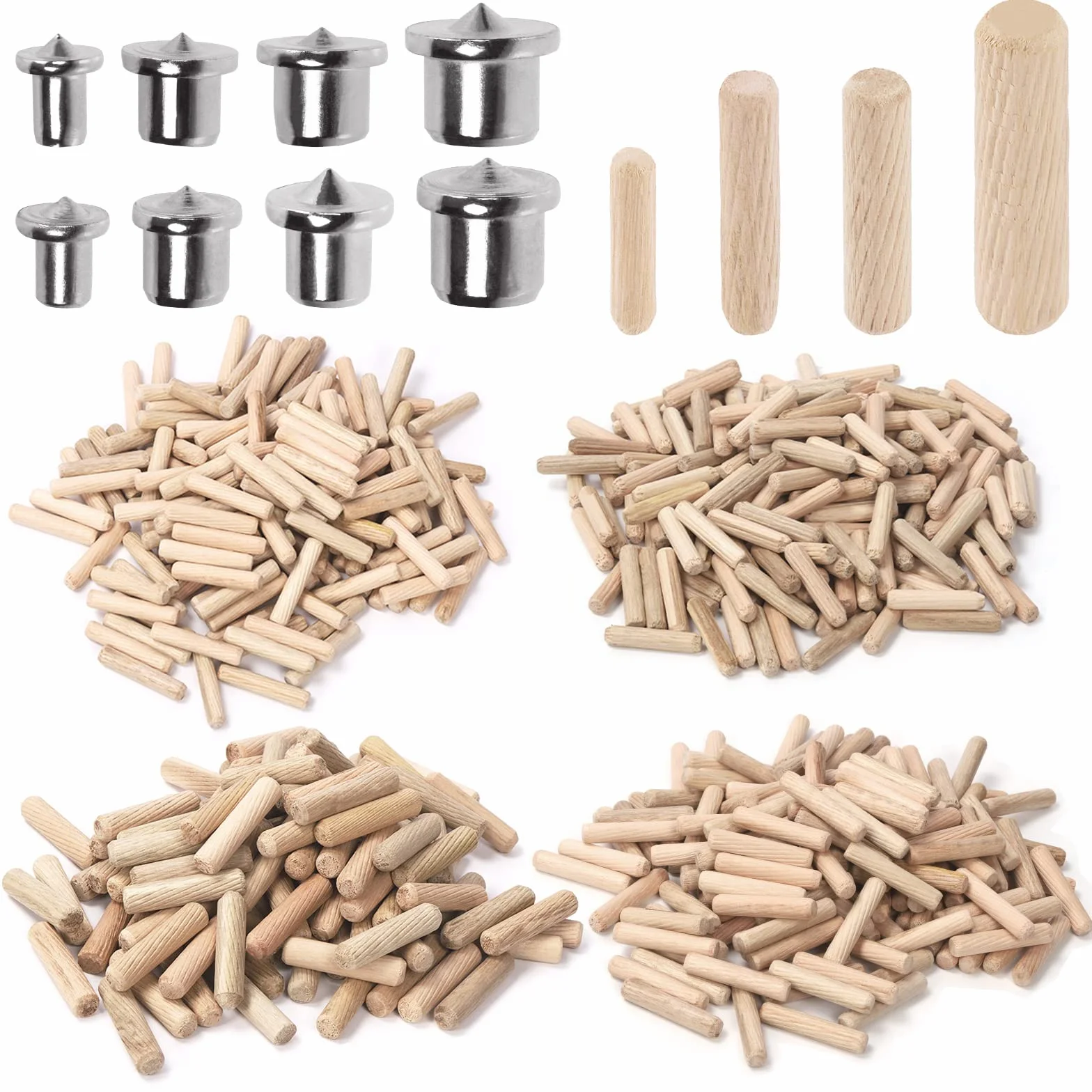 Swpeet 505 pezzi 4 misure 1/4" 5/16" 3/8" 1/2" perni di legno scanalati dritti con cilindro centrale tasselli in legno, kit assortimento, tasselli e tenoni centrali di trasferimento punto per mobili
