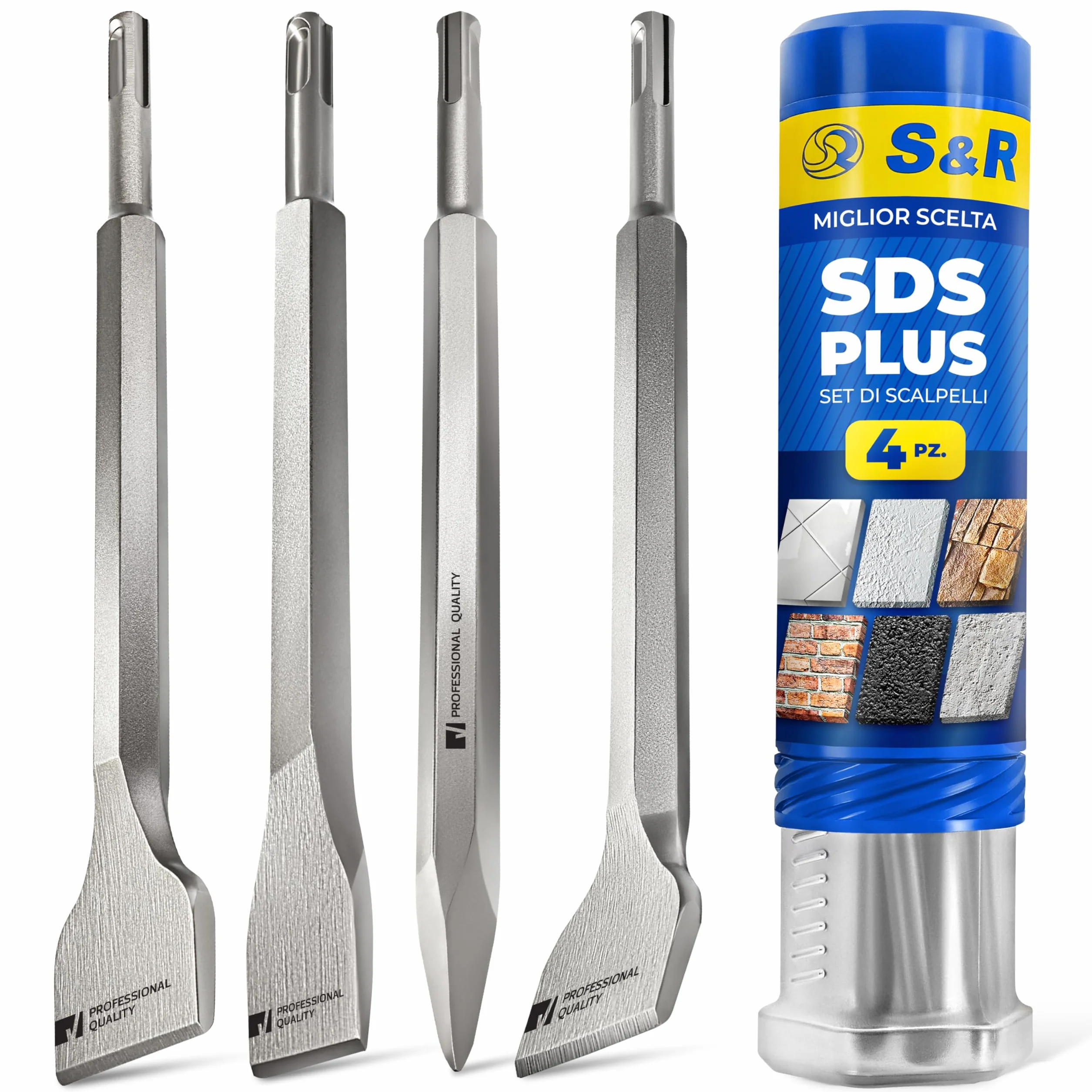 S&R Set di 4 Scalpelli SDS-Plus per Piastrelle Tracce Muro Muratura Calcestruzzo Pietra per Trapano Bosch Makita Metabo Dewalt e altre marche