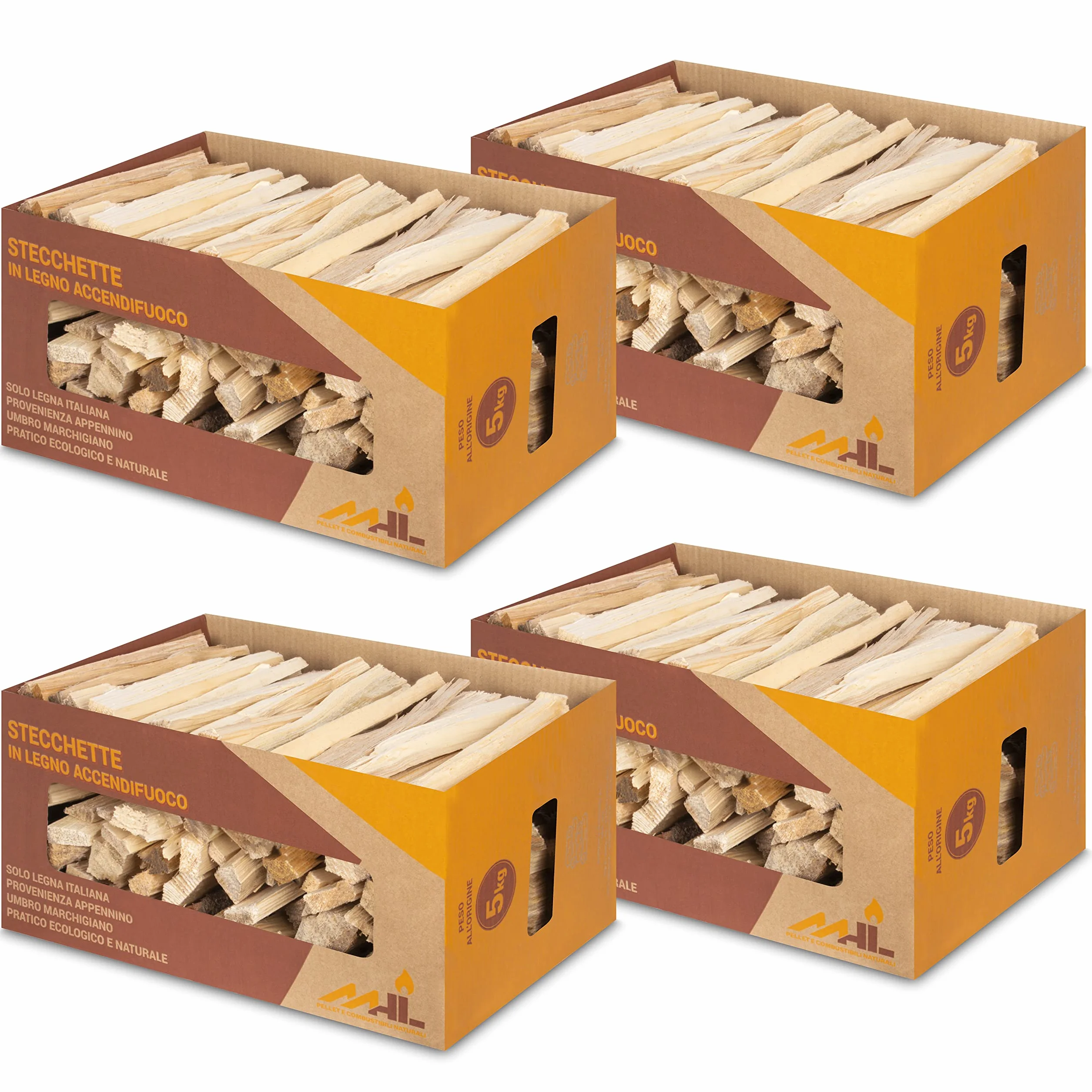 MHL Stecchette in Legno Accendifuoco in Scatola di Cartone Certificate Enama Classe Qualità A1 - Set da 4 pezzi - Perso all'origine 12 Kg