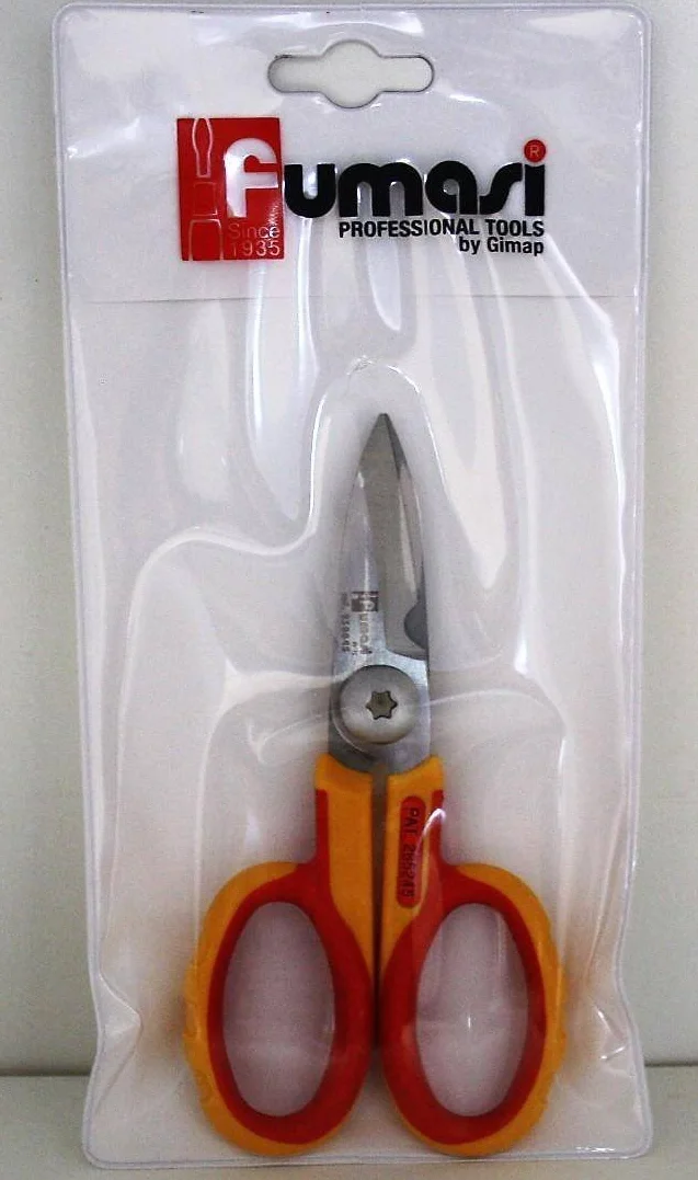230845.0 Forbici Elettricista in Acciaio Vanadio con Lame Diritte Microdentate, Rosso/Giallo/Acciaio, 145 mm