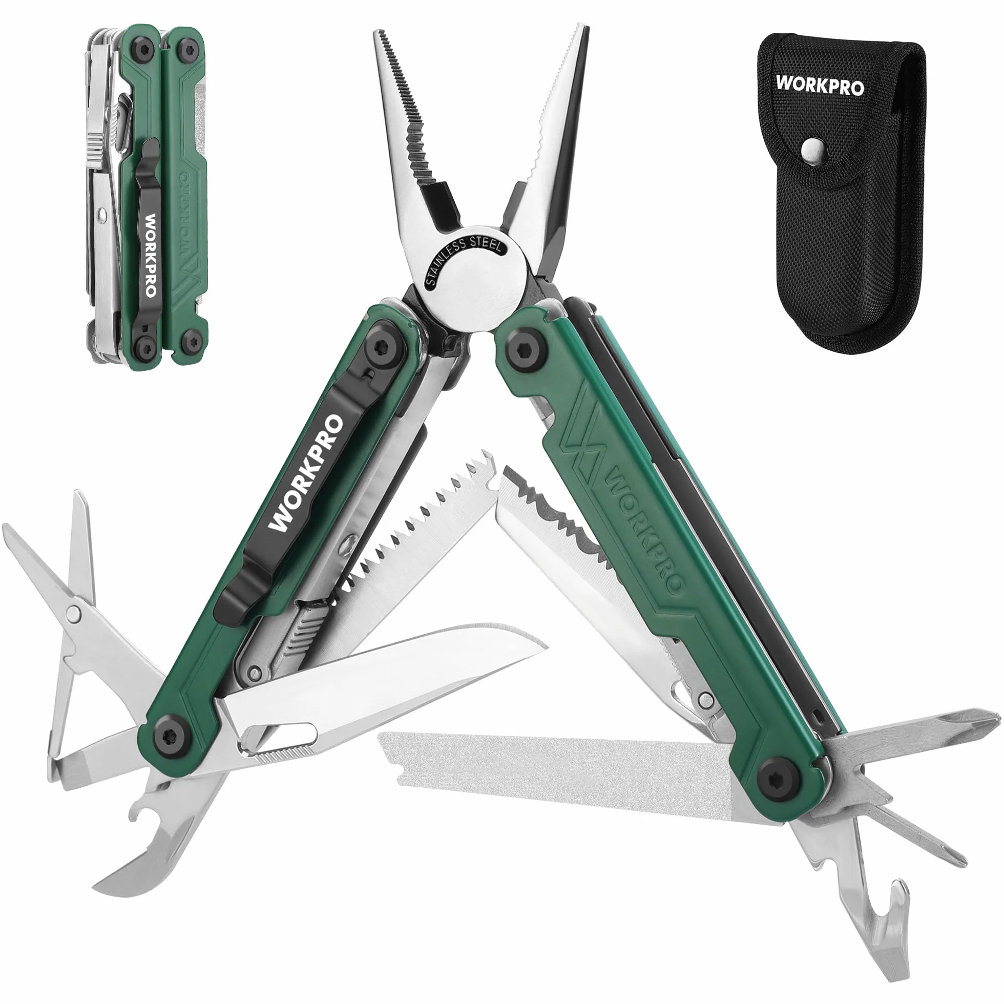 WORKPRO Pinza Multifunzione, Pinza Multiuso 18 in 1 con Borsa, Strumento Multifunzionale Pieghevole in Acciaio Inossidabile con Pinza Lima per Cacciavite per Campeggio, Verde