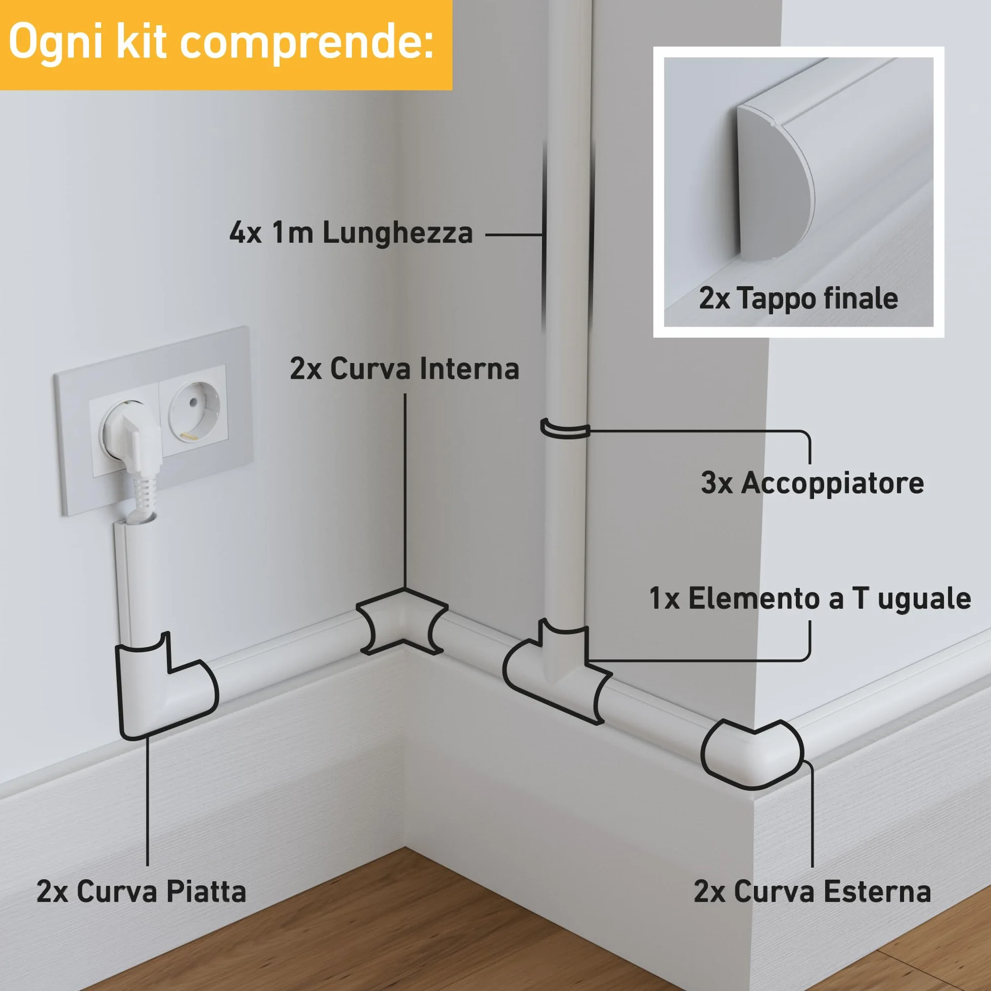 D-Line Canalina Passacavi 30x15mm Multipack 4m, Profilo Semicircolare, Copricavi Autoadesivo, Gestione Cavi Verniciabile - 4x 30mm (L) x 15mm (H) x 1 Metro Lunghezze con Accessori - Bianco