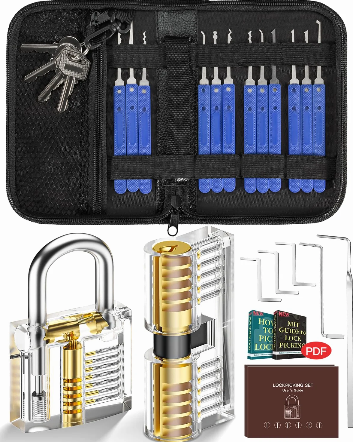 Set Fabbro, IPSXP Grimaldelli da 25 Pezzi Lock Picking con 2 Trasparente Serratura Lucchetto con Borsa di Pelle, Pratica Aprire le Serrature Set per Principianti