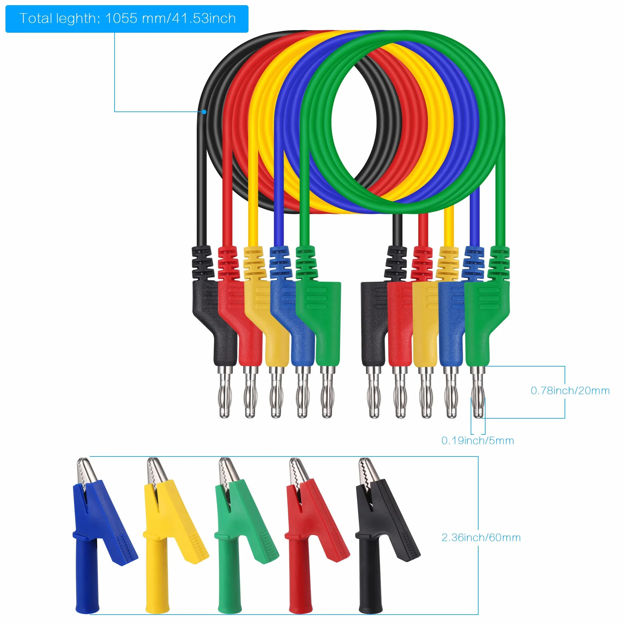 Hejo 15 Pezzi Set di Puntali multimetro, 5 Cavi Banana Coccodrillo Doppia da 4mm con 10 Clip a Coccodrillo, Puntali Tester Digitale Lunghezza di 1M per Multimetro