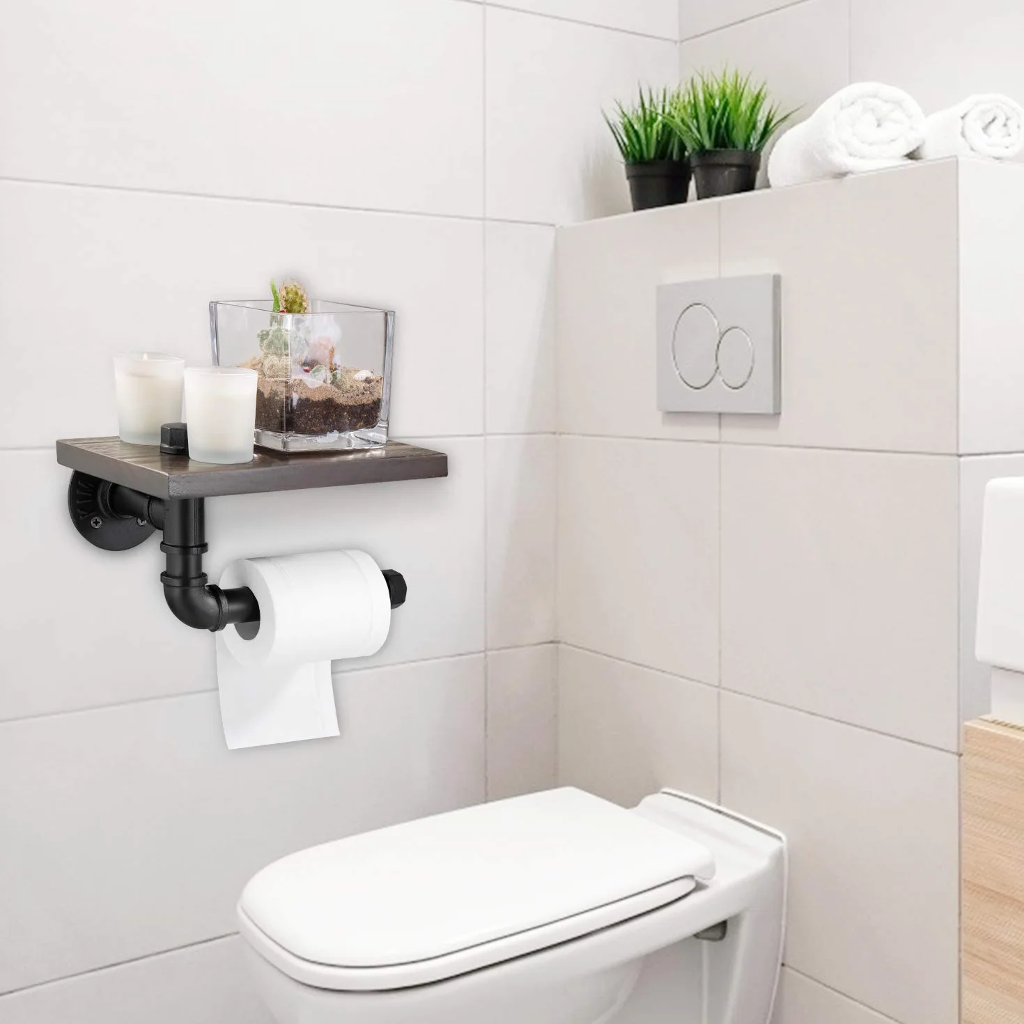 Elibbren, porta carta igienica per bagno, porta carta igienica industriale con ripiano in legno rustico e ferramenta in ghisa