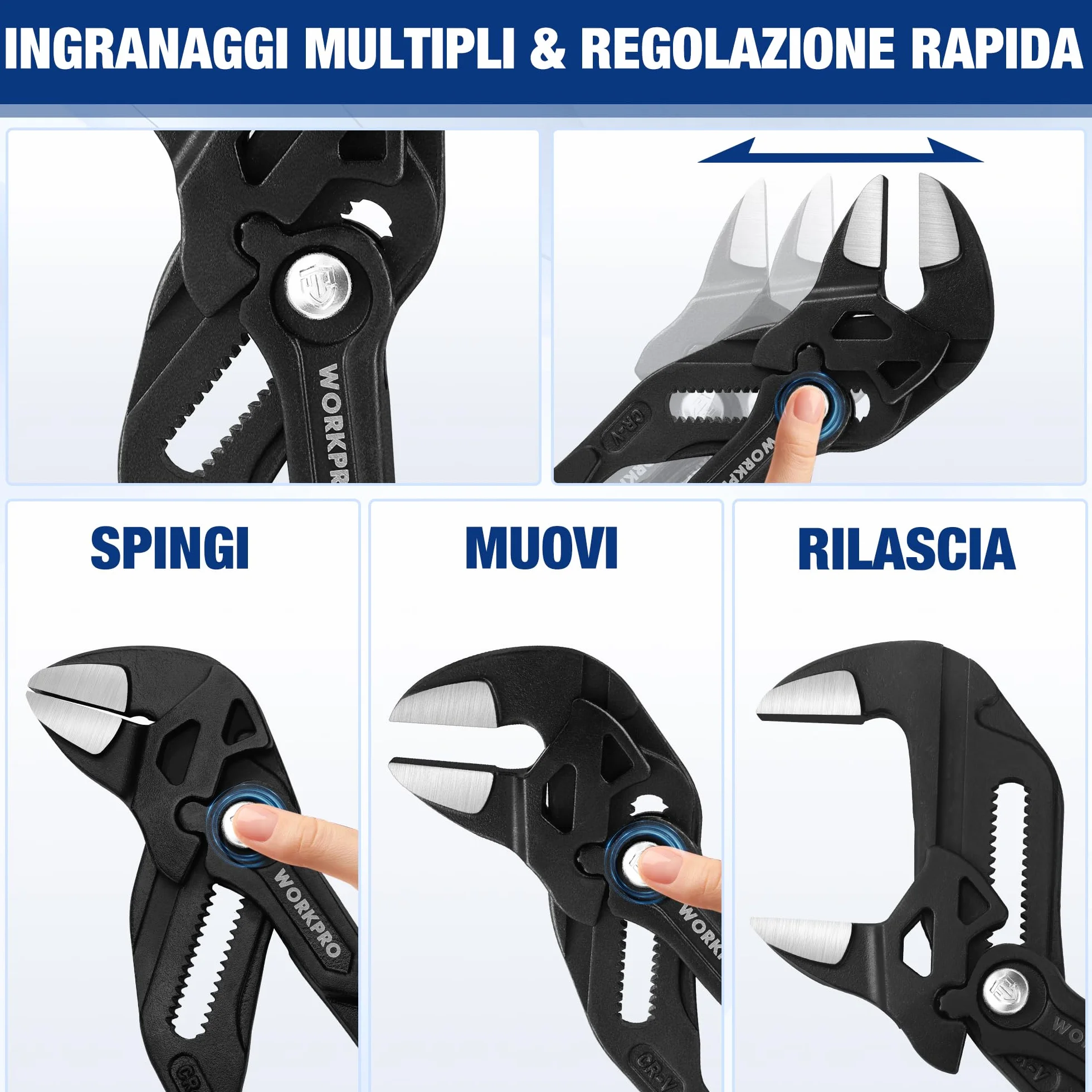 WORKPRO Pinza Chiave da 255 mm, Pinza Chiave Cr-V, Chiave Regolabile, Pinza con Ganascia Autoregolante, Apertura Massima della Ganascia 50 mm, Impugnatura Ergonomica