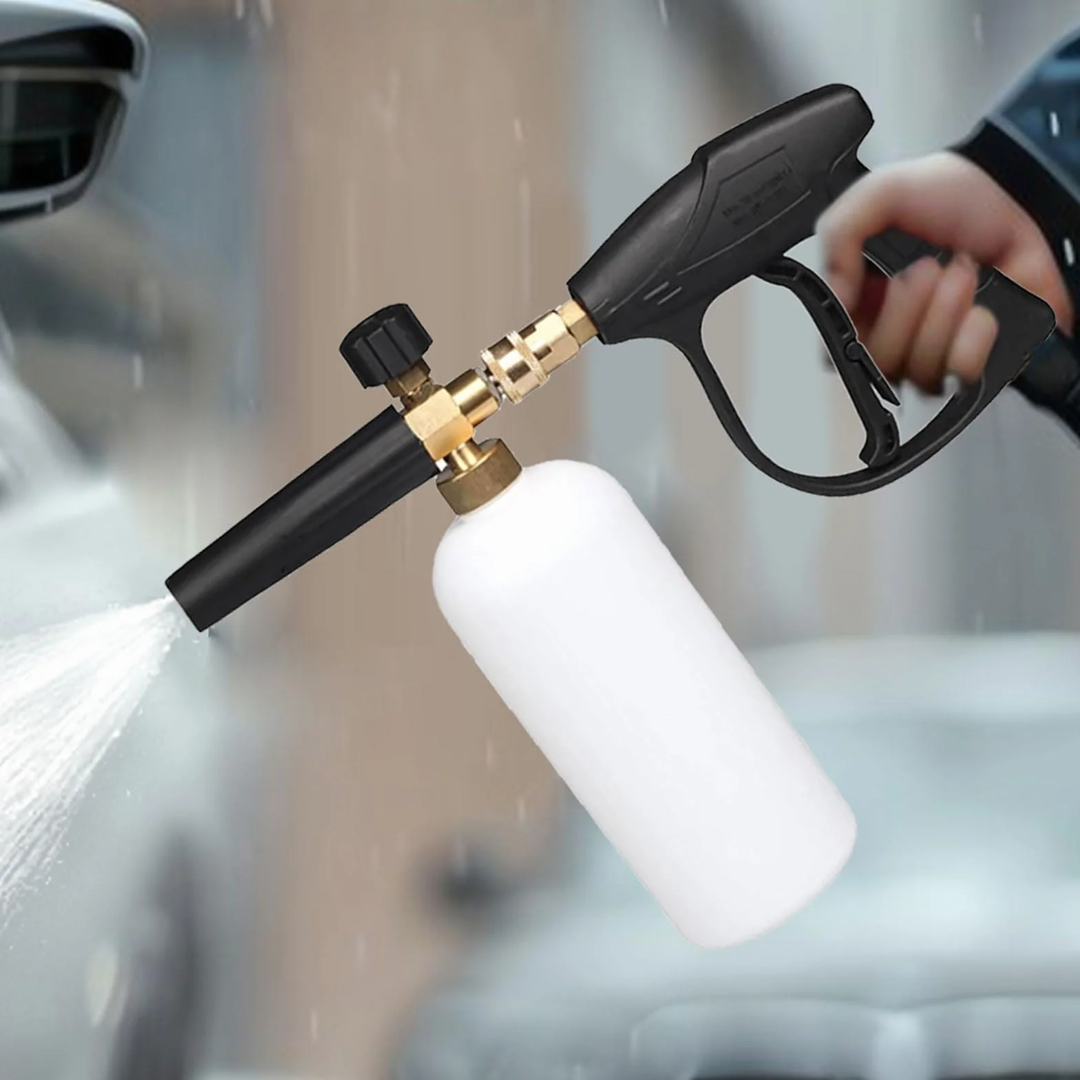 Lancia schiuma, cannone schiuma per idropulitrice ad alta pressione, lancia neve da 1 L con 5 ugelli per schiuma, dispenser di sapone, bottiglia foamer, pistola per schiuma per la pulizia dell'auto