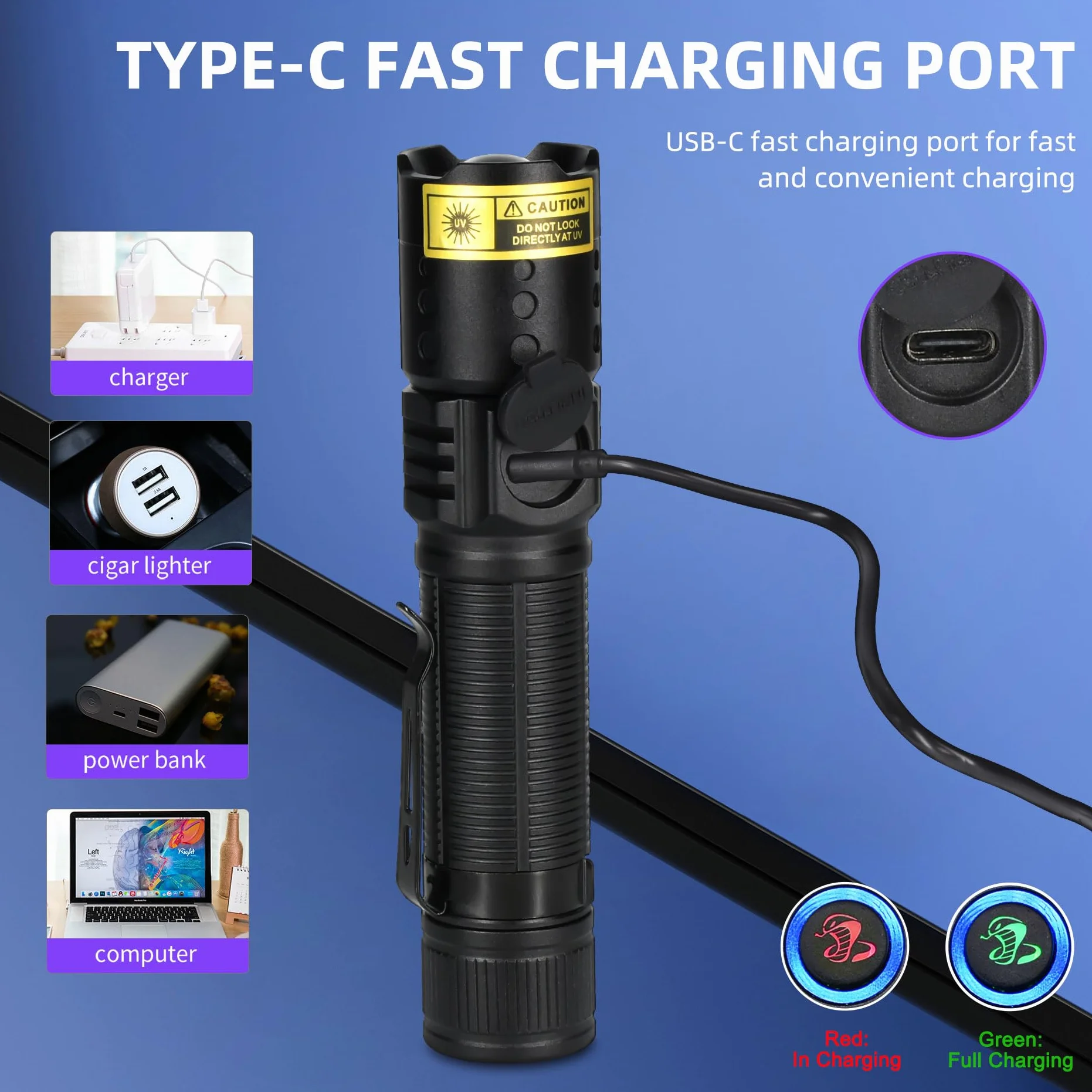 DARKBEAM Torcia UV a luce nera a LED 395 NM, torce ultraviolette, lampada di Wood USB-C ricaricabile, resistente all'acqua, focalizzabile, per rilevamento perdite e polimerizzazione in resina UV