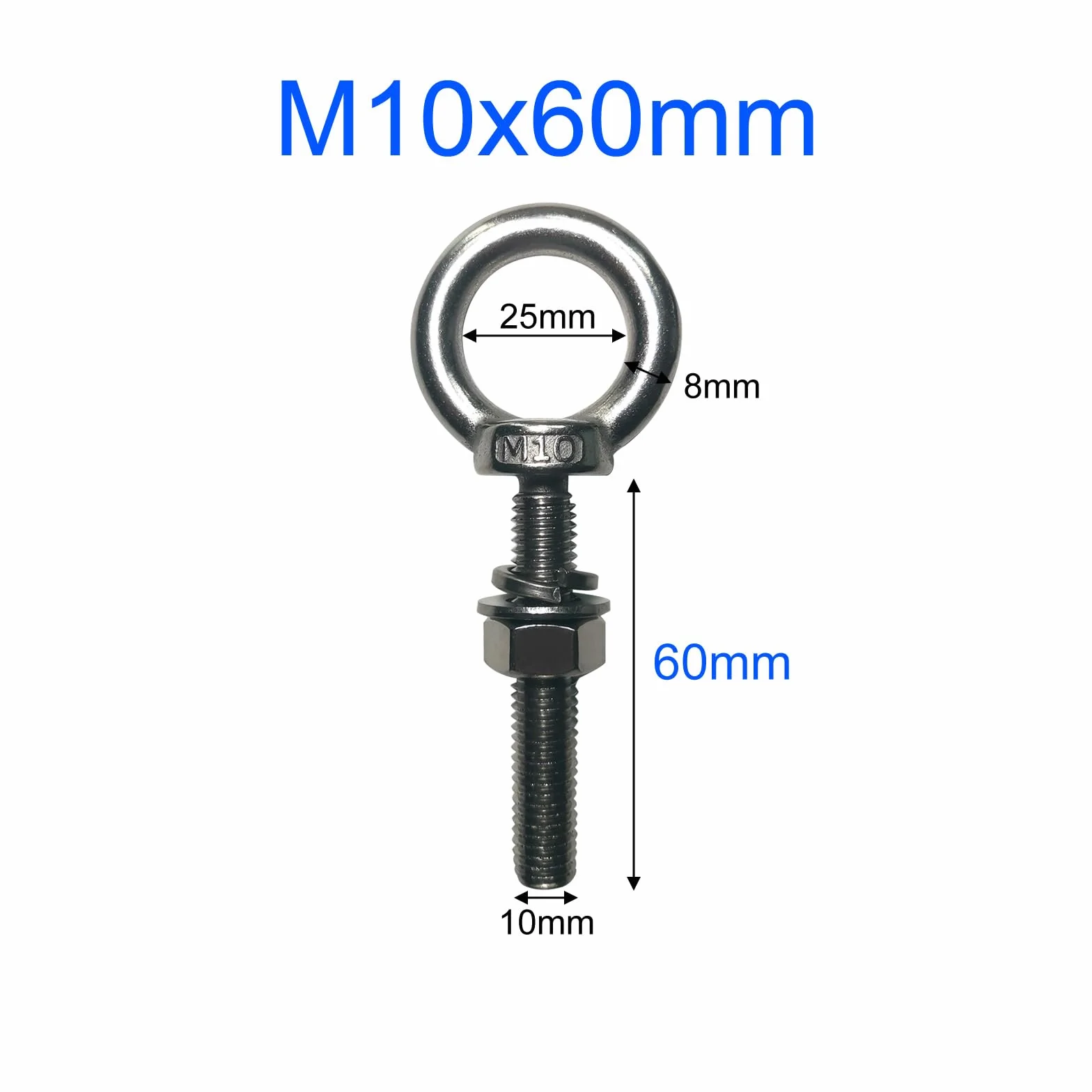 Vite ad anello M10 x 60 mm, 4 viti ad occhio con dadi esagonali e rondelle, in acciaio inox fuso, viti ad anello per fissaggio e sospensione