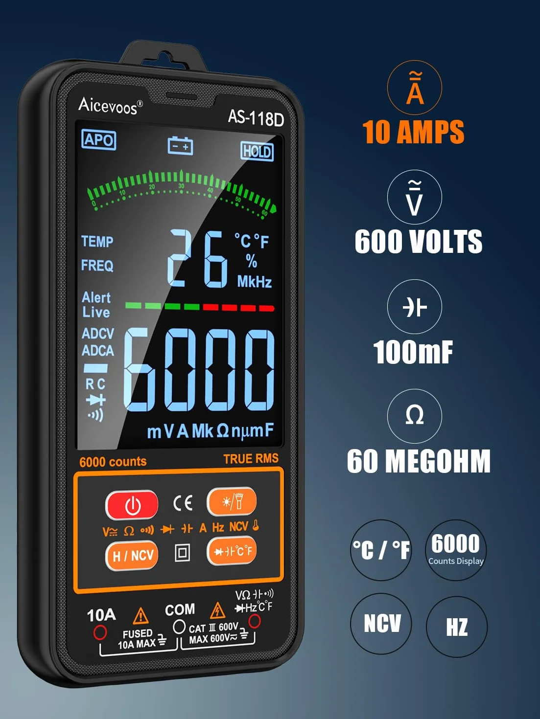 AS-118D Smart Multimetro Digitale Gamma Automatica TRMS Elettricista Tester Digitale Misura Tensione Corrente Capacità Resistenza Continuità Temperatura Frequenza