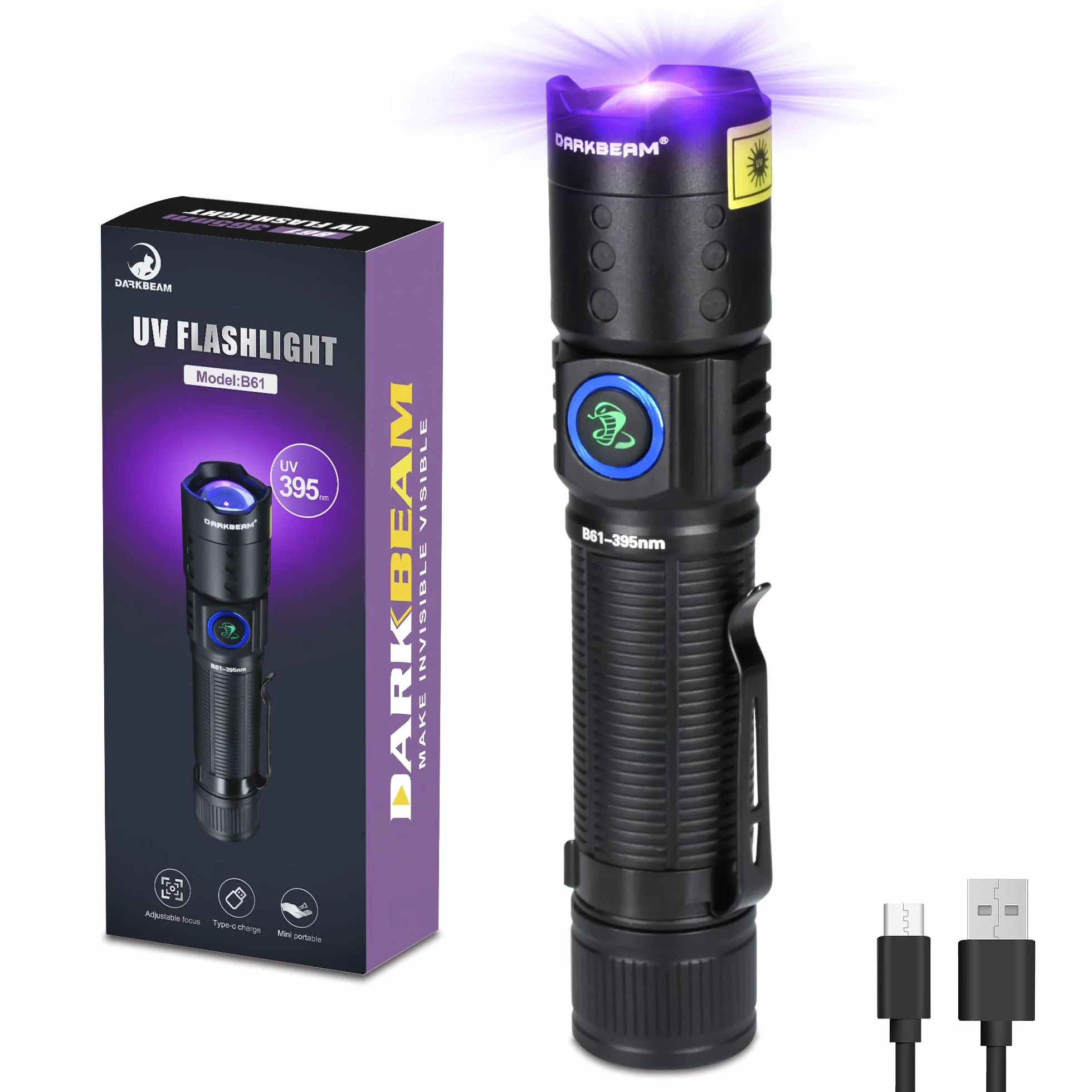 DARKBEAM Torcia UV a luce nera a LED 395 NM, torce ultraviolette, lampada di Wood USB-C ricaricabile, resistente all'acqua, focalizzabile, per rilevamento perdite e polimerizzazione in resina UV