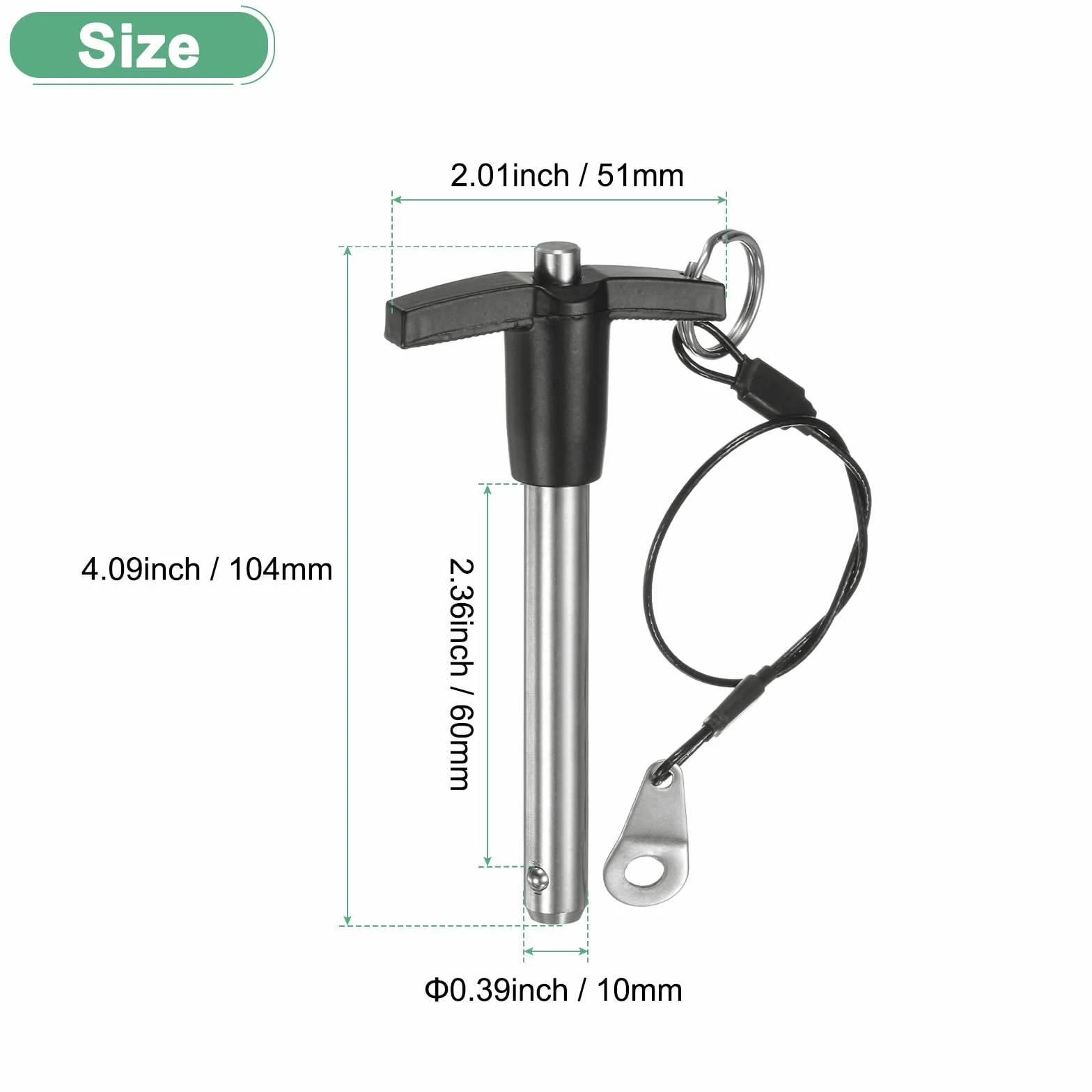 M METERXITY Perno Bloccaggio Maniglia T, 25/64" [10mm] Dia., Lunghezza Utilizzo 2-3/8 [60mm] Perni Bloccaggio Rilascio Rapido Pulsante Cavo Lanyard per Aviazione [Acciaio Inossidabile 304]