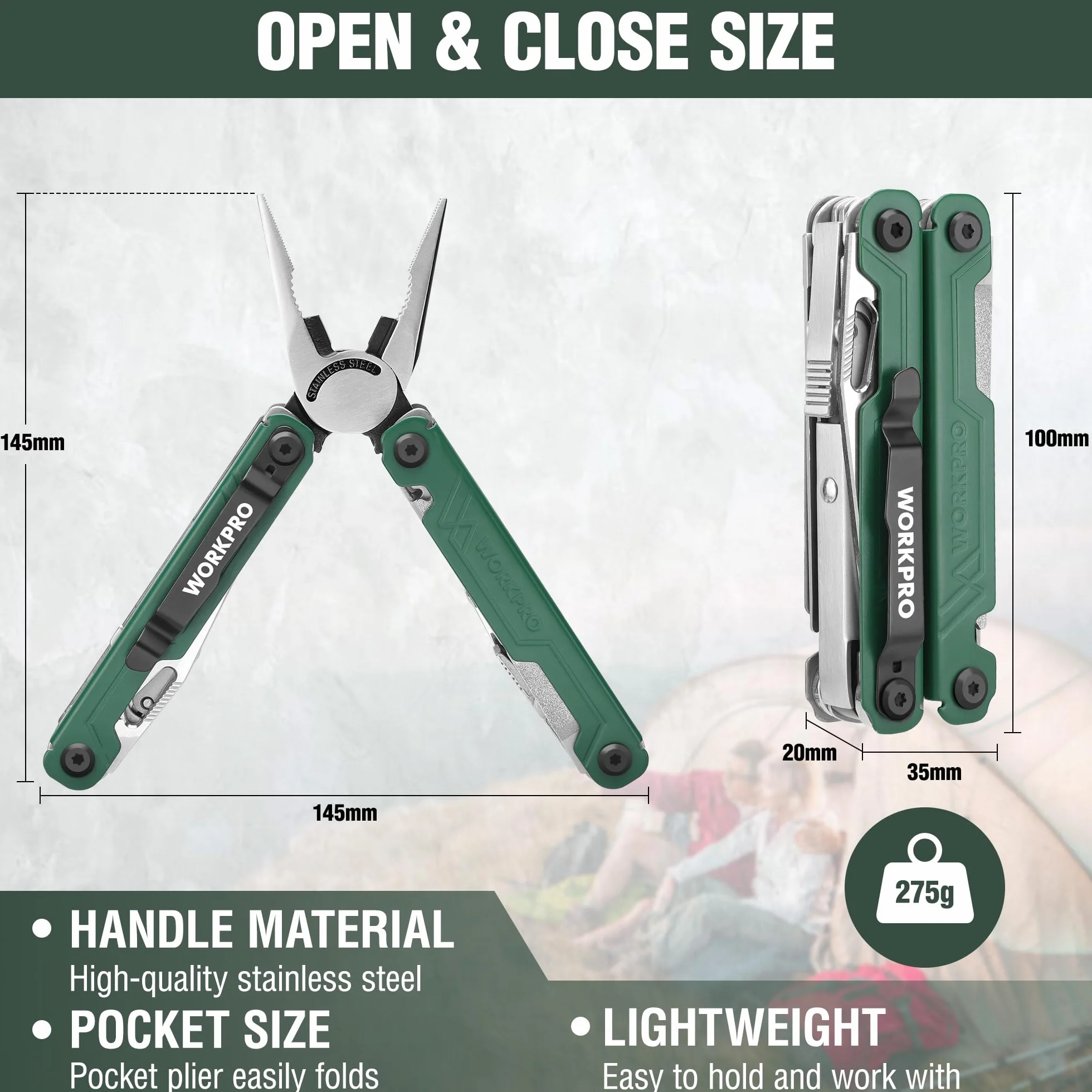 WORKPRO Pinza Multifunzione, Pinza Multiuso 18 in 1 con Borsa, Strumento Multifunzionale Pieghevole in Acciaio Inossidabile con Pinza Lima per Cacciavite per Campeggio, Verde