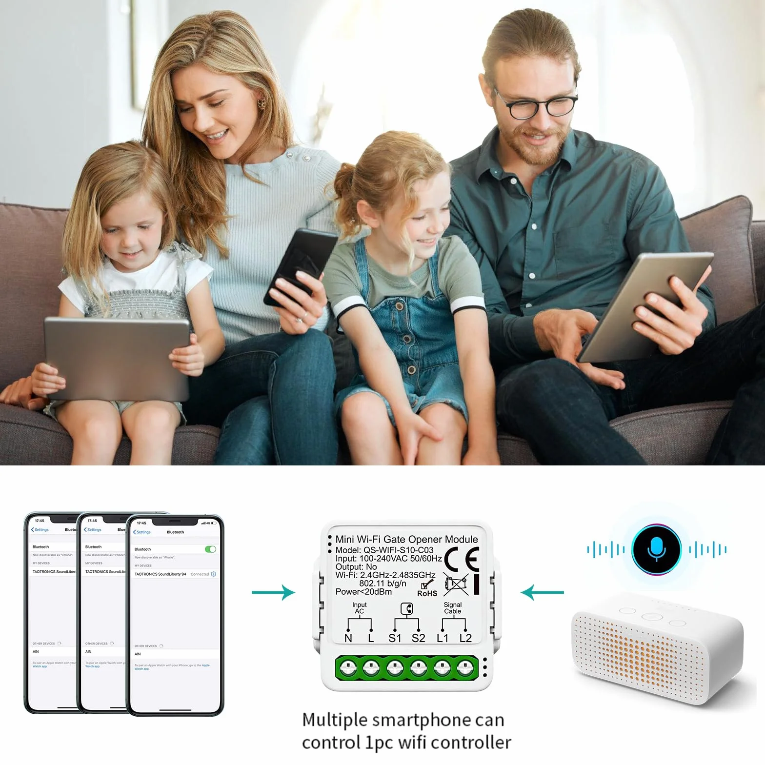 Apriporta Wifi Garage Door Opener, Wifi Garage Door Opener Con Sensore, Timer, Ac100-240v Controller Per Porta Del Garage, Apri Porta Garage Intelligente, Supporta Controllo Vocale E App